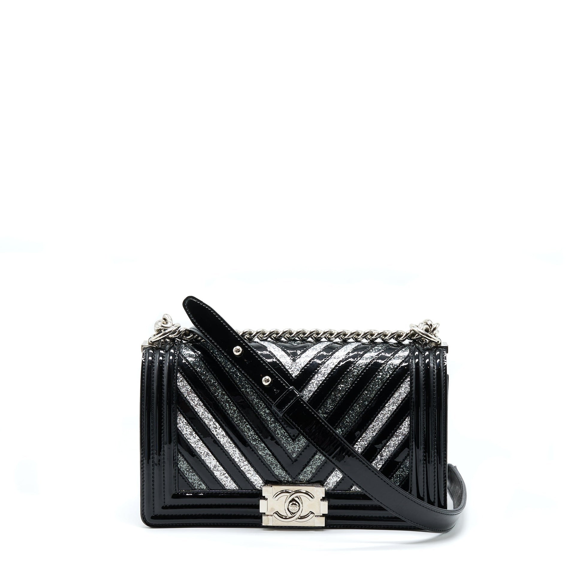 Chanel Boy Chevron Limited Patent SHW Black Handbag