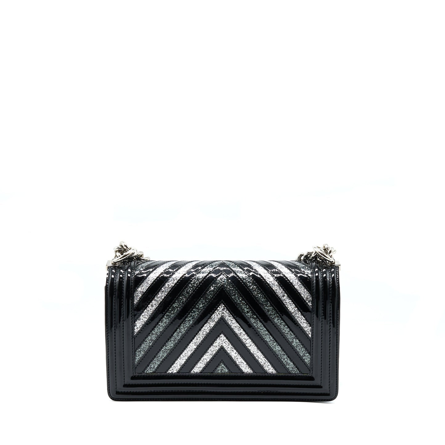 Chanel Boy Chevron Limited Patent SHW Black Handbag