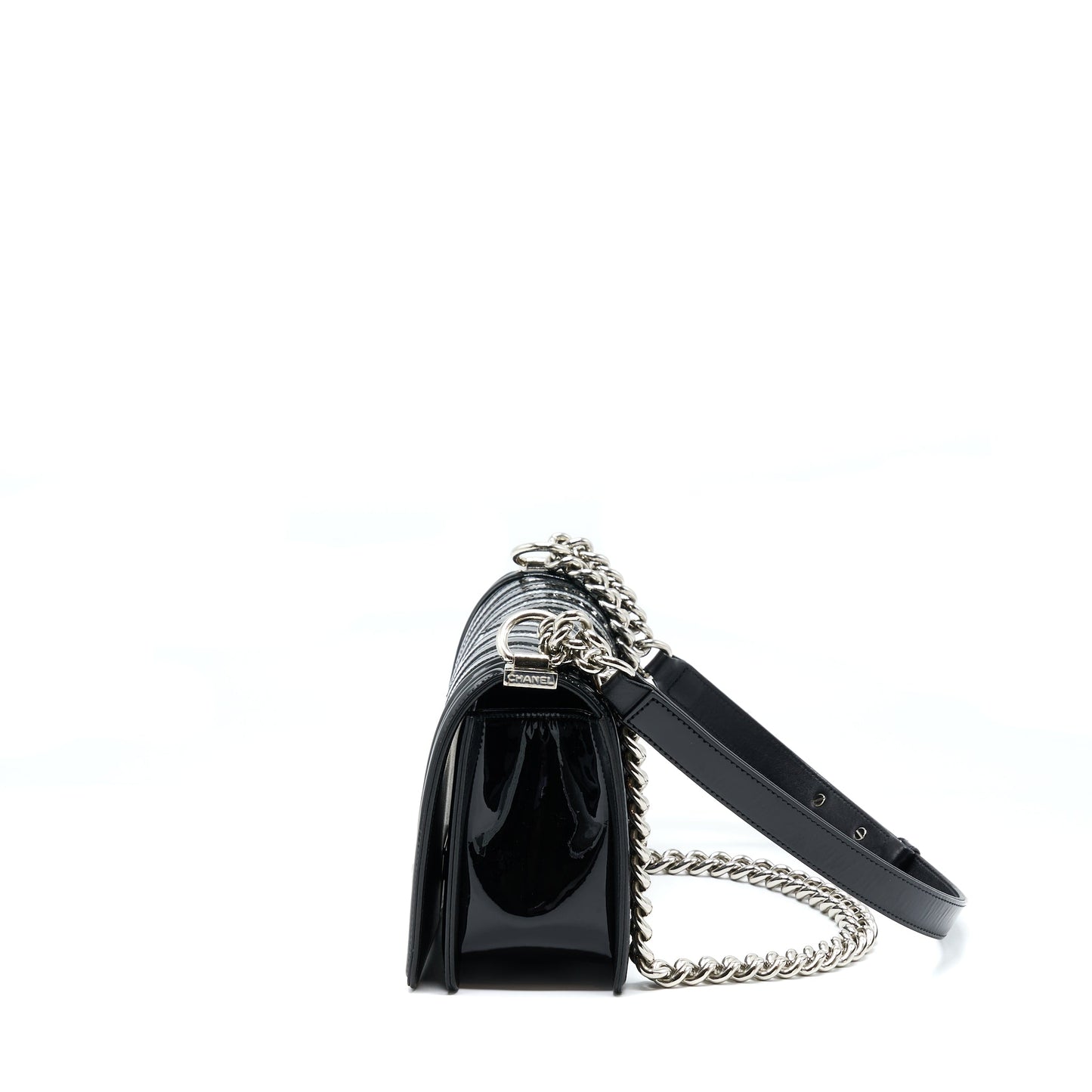 Chanel Boy Chevron Limited Patent SHW Black Handbag