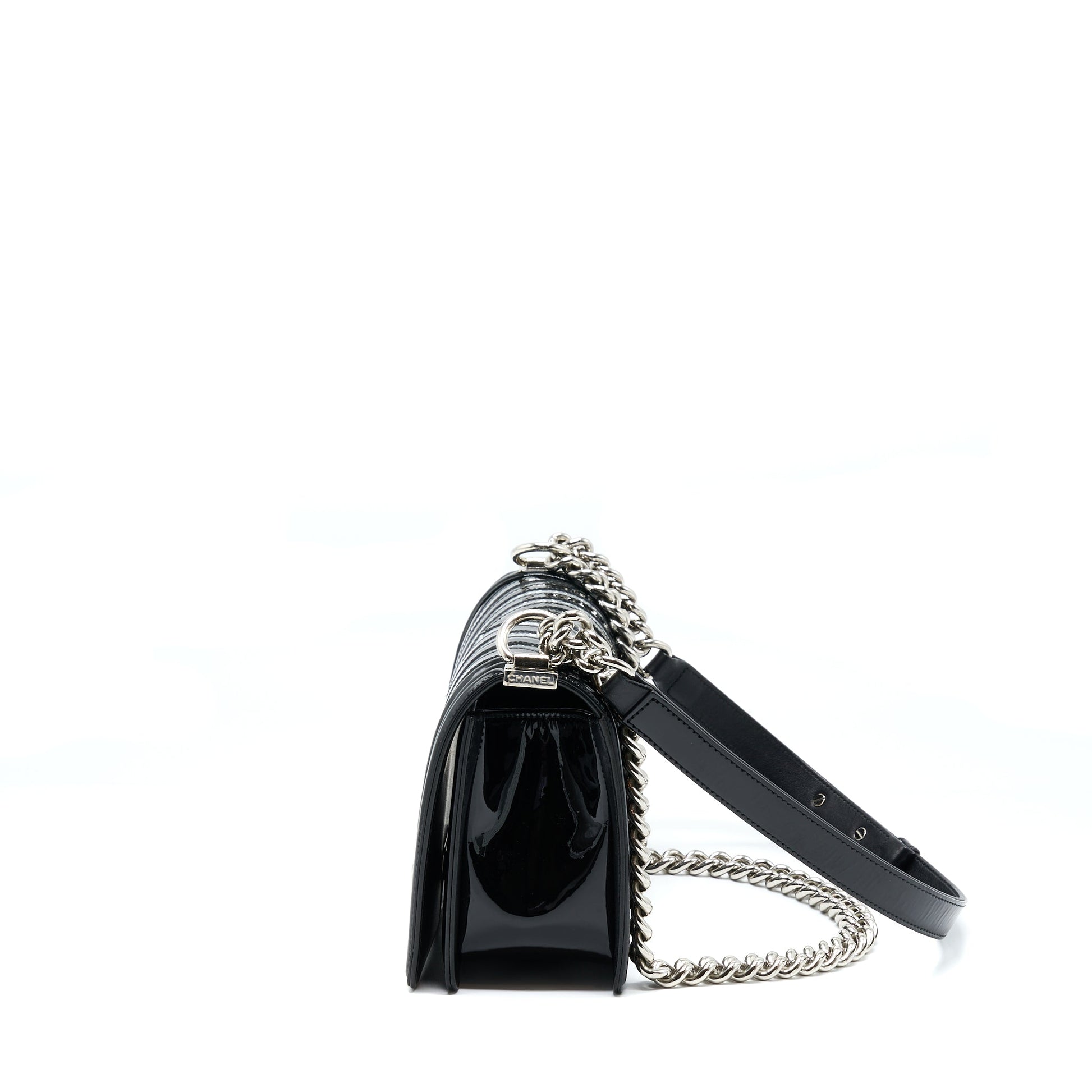 Chanel Boy Chevron Limited Patent SHW Black Handbag