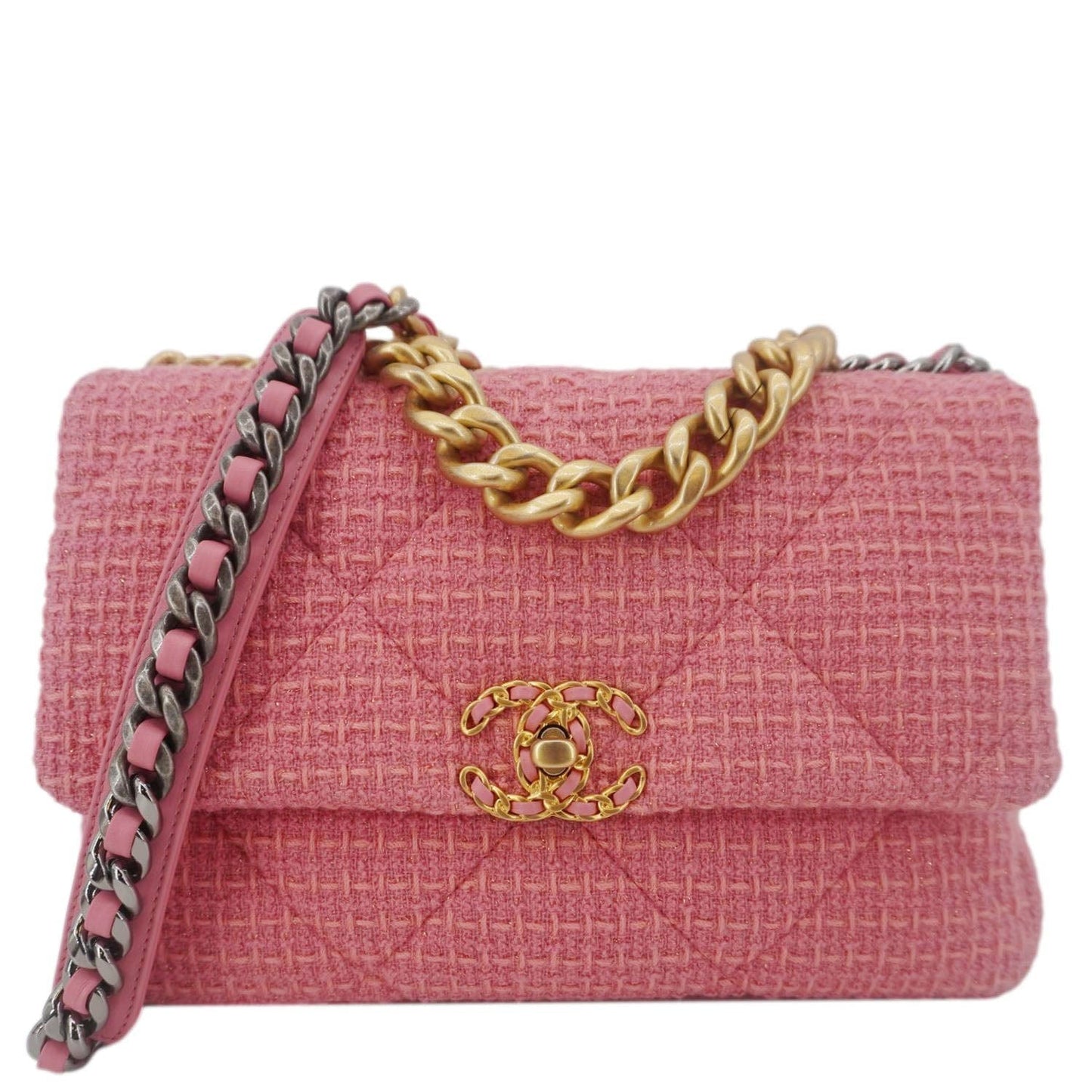 Chanel 19 Flap Quilted Tweed Rose Pink Travel Bag