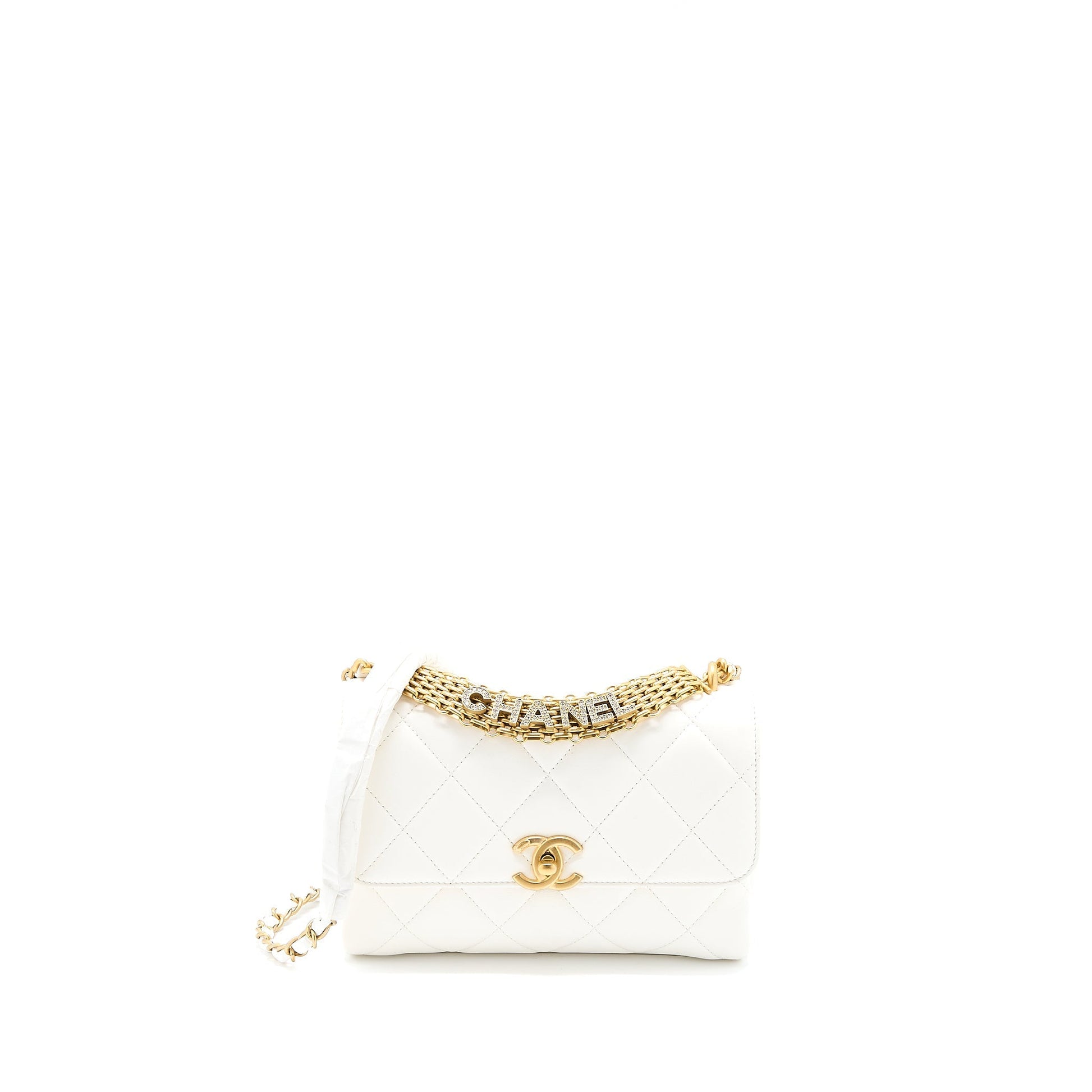Chanel Quilted Flap Letter Lambskin GHW Microchip White Shoulder Bag