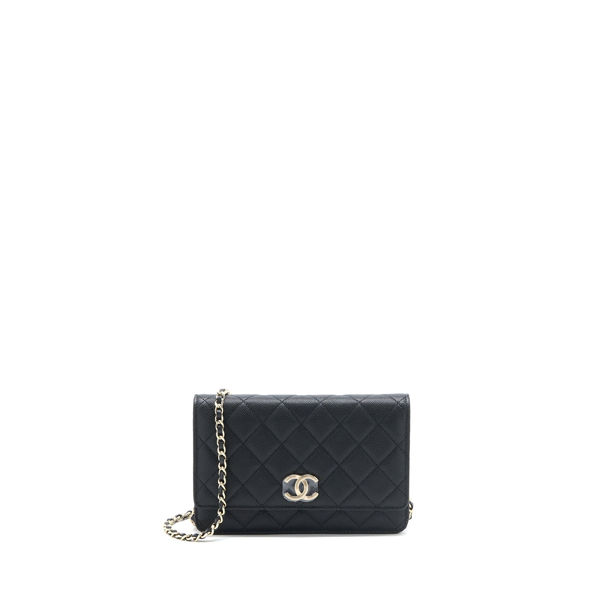 Chanel Giant CC Logo On Caviar LGHW Black Wallet Case