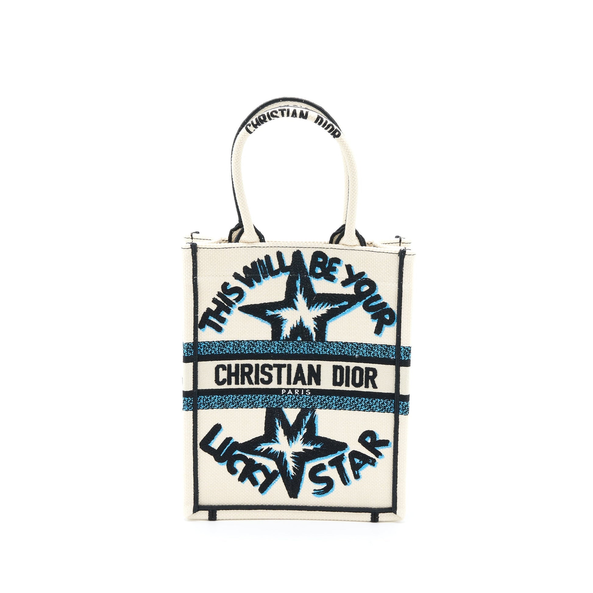 Dior Vertical Book Tote Lucky Star Embroidery Multicolour White Tote Bag