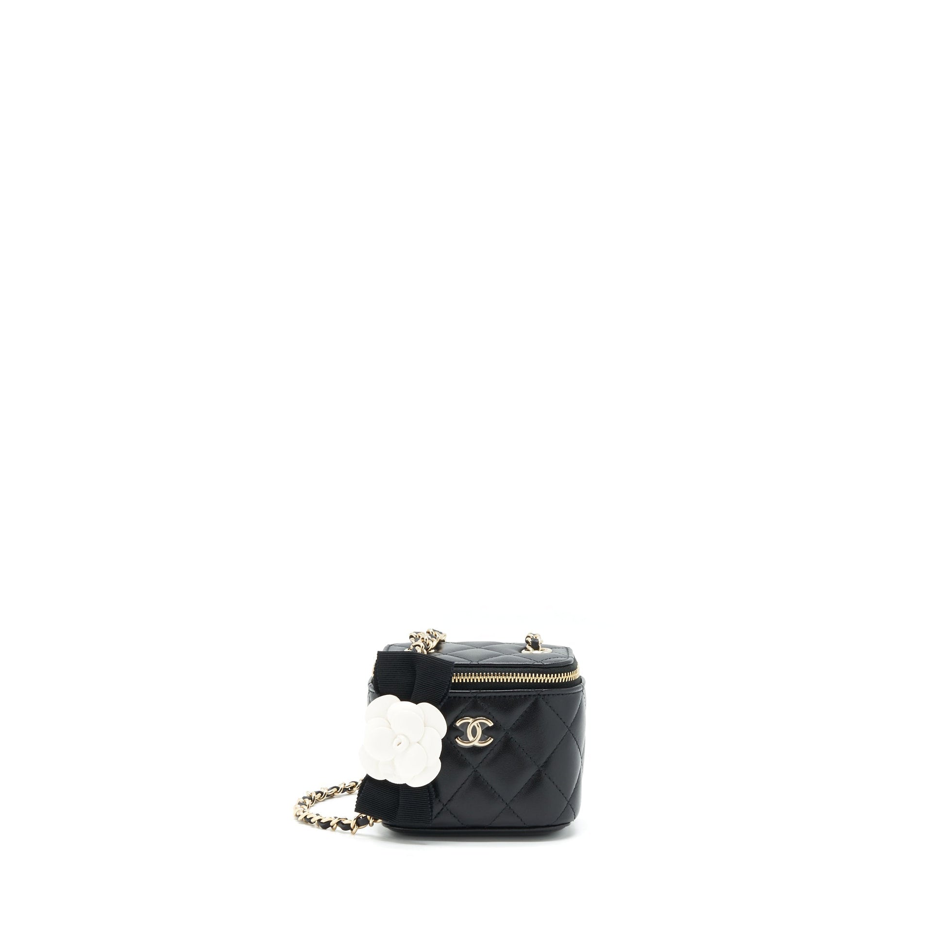 Chanel Vanity Camellia Lambskin LGHW Black Mini Bag