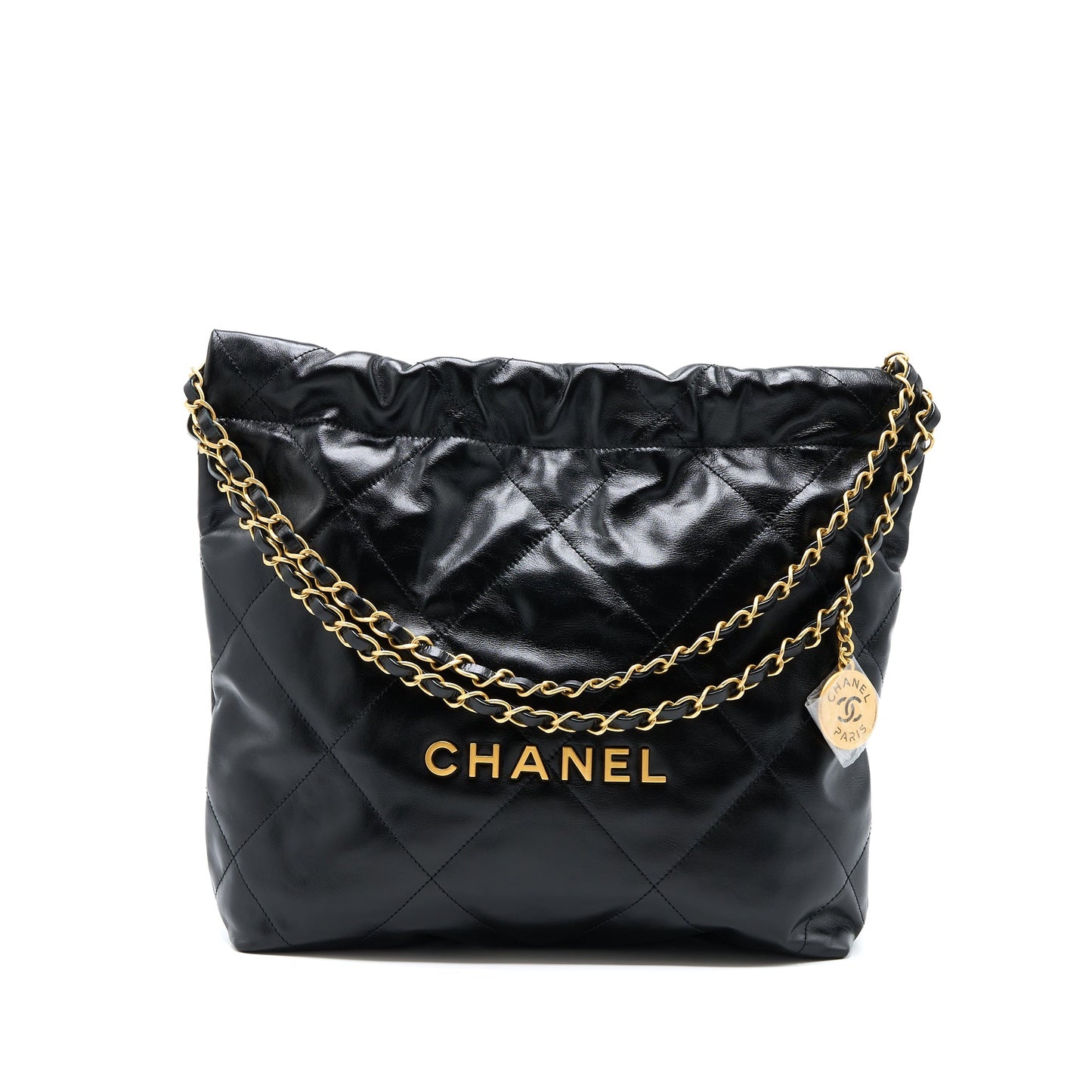 Chanel 22 Letter Shiny Calfskin GHW Microchip Black Gold Small Handbag
