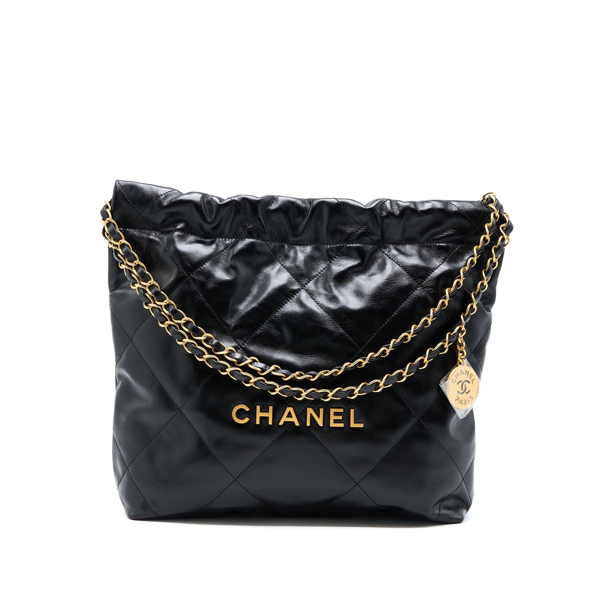 Chanel 22 Letter Shiny Calfskin GHW Microchip Black Gold Small Handbag