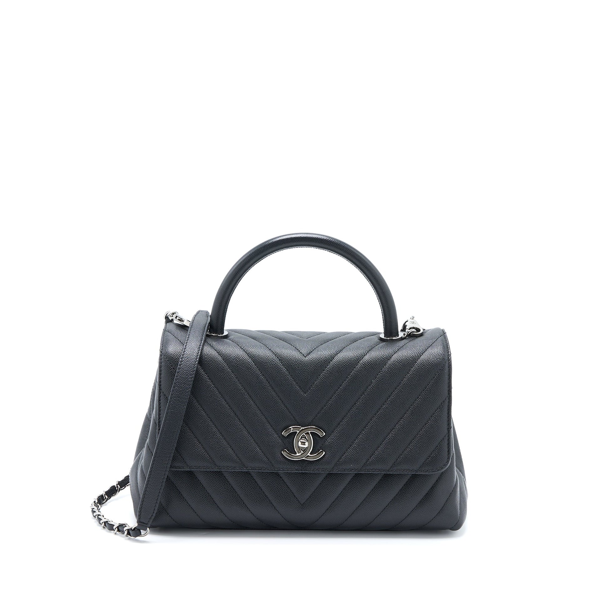 Chanel Coco Handle Chevron Caviar SHW Black Handbag