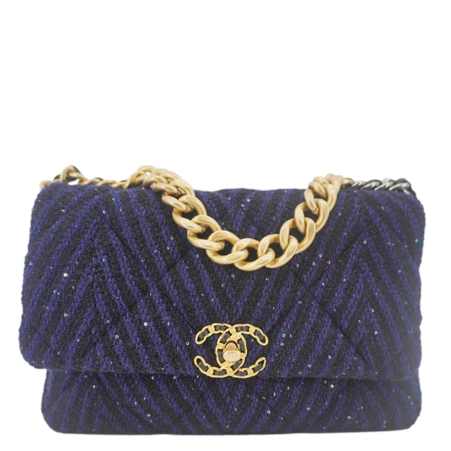 Chanel 19 Flap Quilted Tweed Sequins Blue Travel Bag