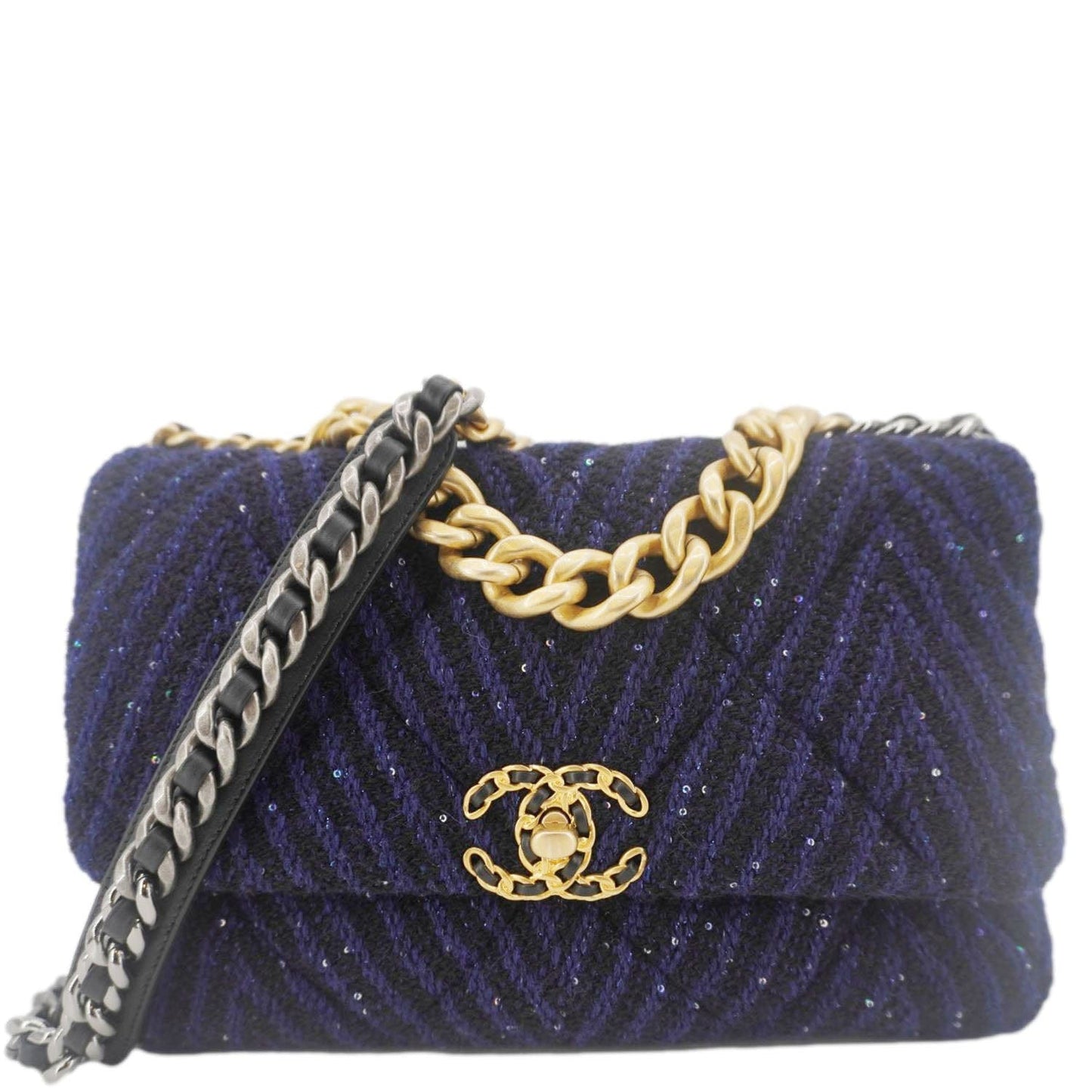 Chanel 19 Flap Quilted Tweed Sequins Blue Travel Bag