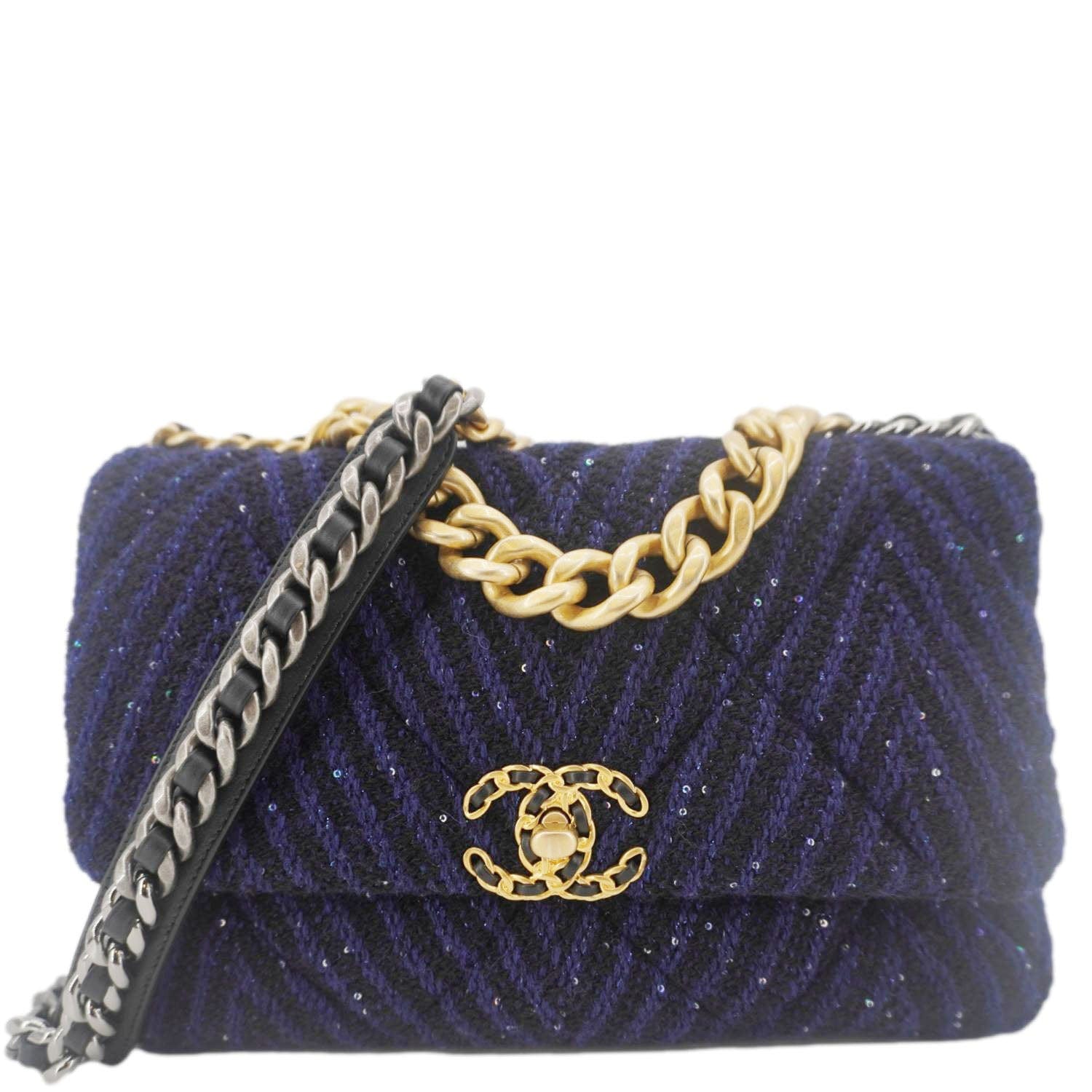 Chanel 19 Flap Quilted Tweed Sequins Blue Travel Bag