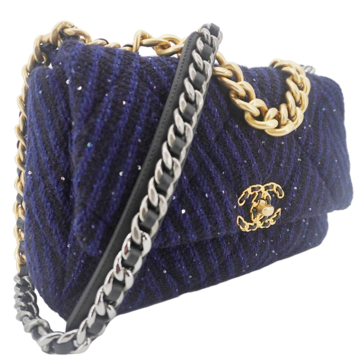 Chanel 19 Flap Quilted Tweed Sequins Blue Travel Bag
