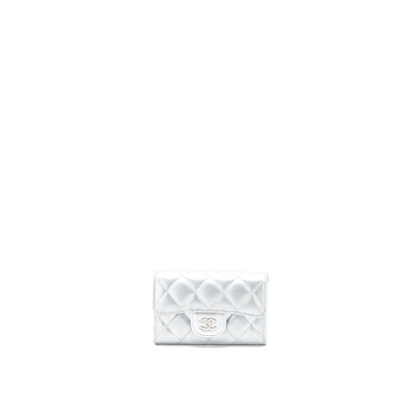 Chanel Quilted Classic Flap Card Holder Lambskin Silver Wallet Case