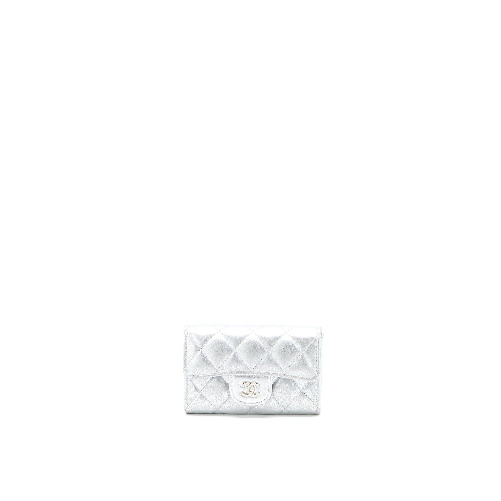 Chanel Quilted Classic Flap Card Holder Lambskin Silver Wallet Case