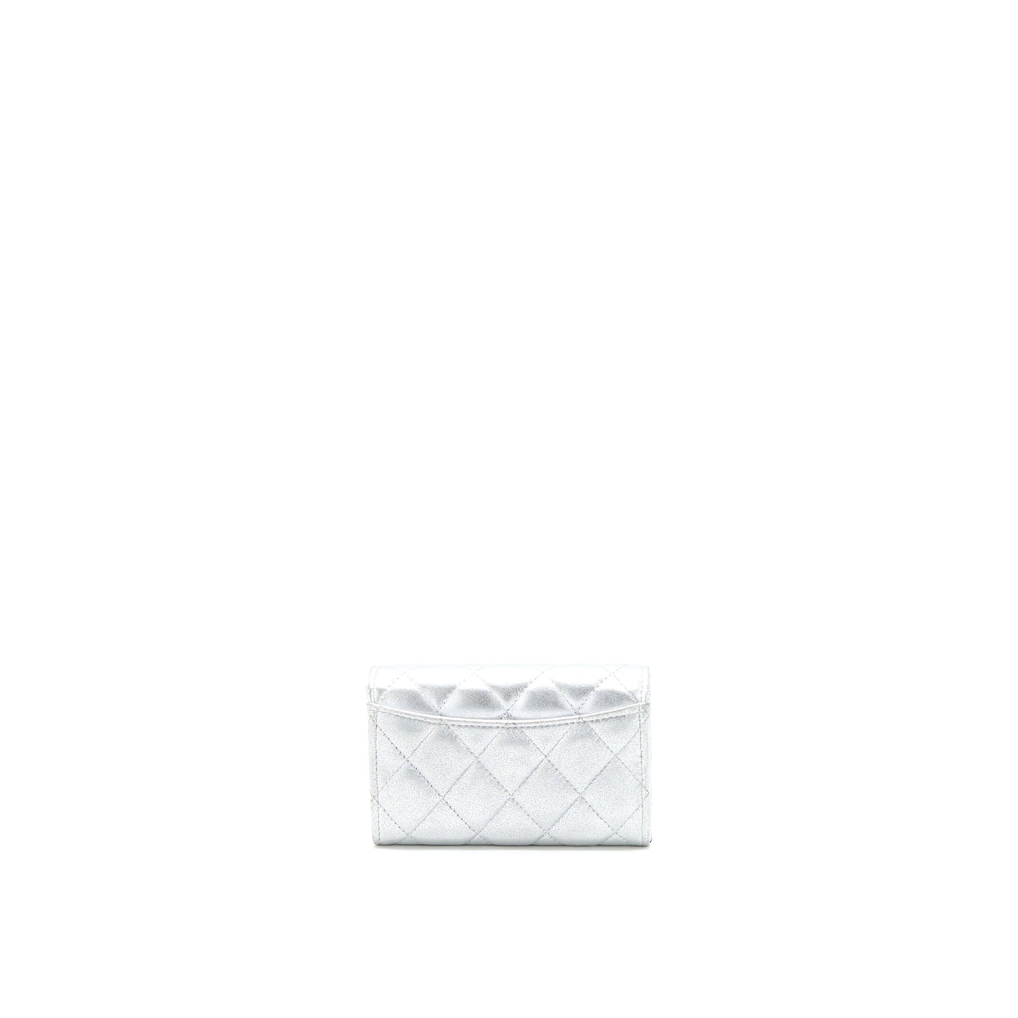 Chanel Quilted Classic Flap Card Holder Lambskin Silver Wallet Case