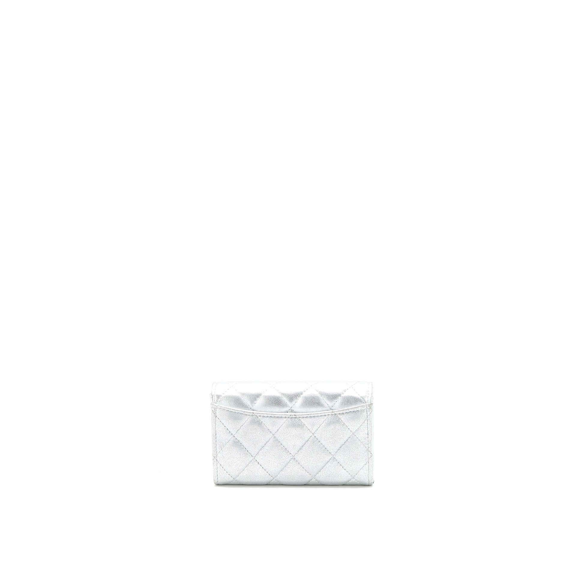 Chanel Quilted Classic Flap Card Holder Lambskin Silver Wallet Case