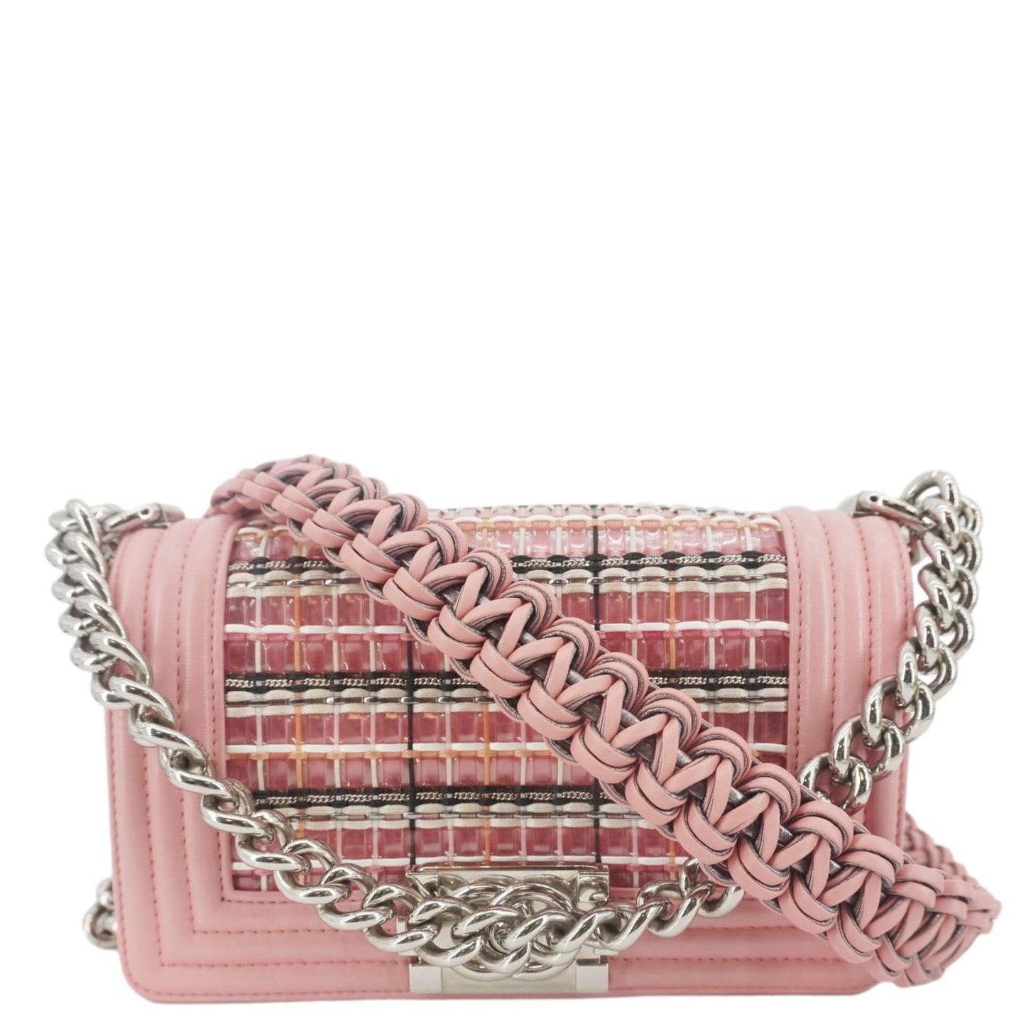 Chanel Boy Flap Woven Leather Pink Travel Bag