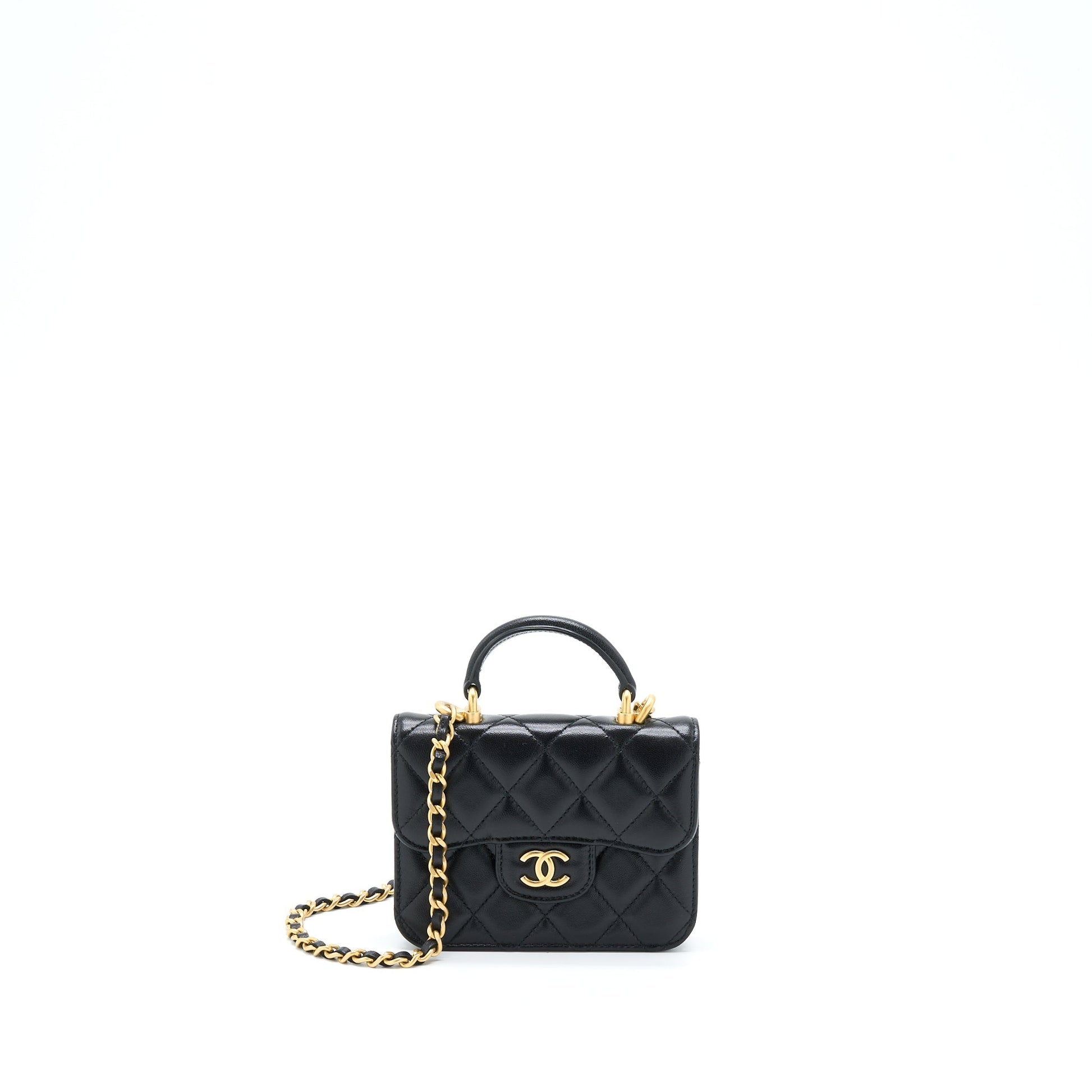 Chanel Top Handle Flap Card Holder Lambskin Black Wallet Case