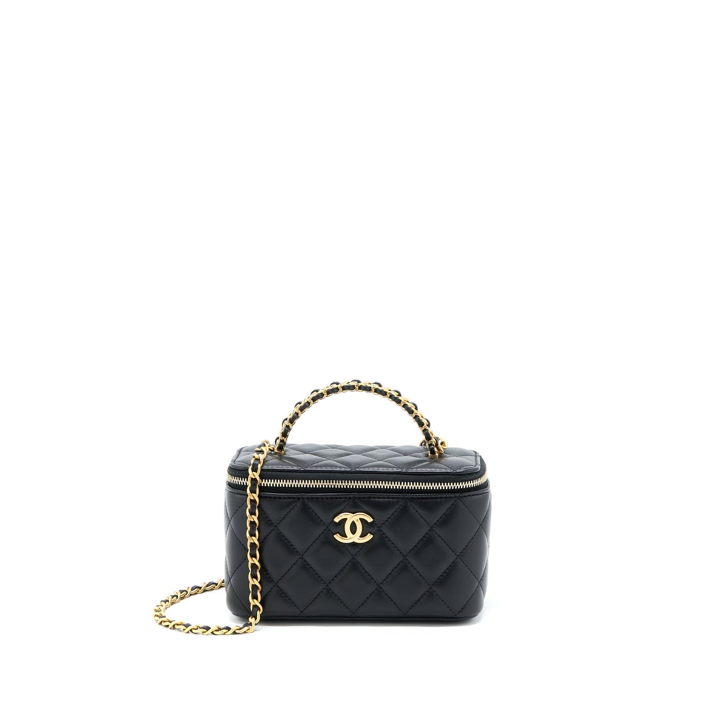 Chanel 22k Top Handle Long Vanity Lambskin Black Leather Handbag
