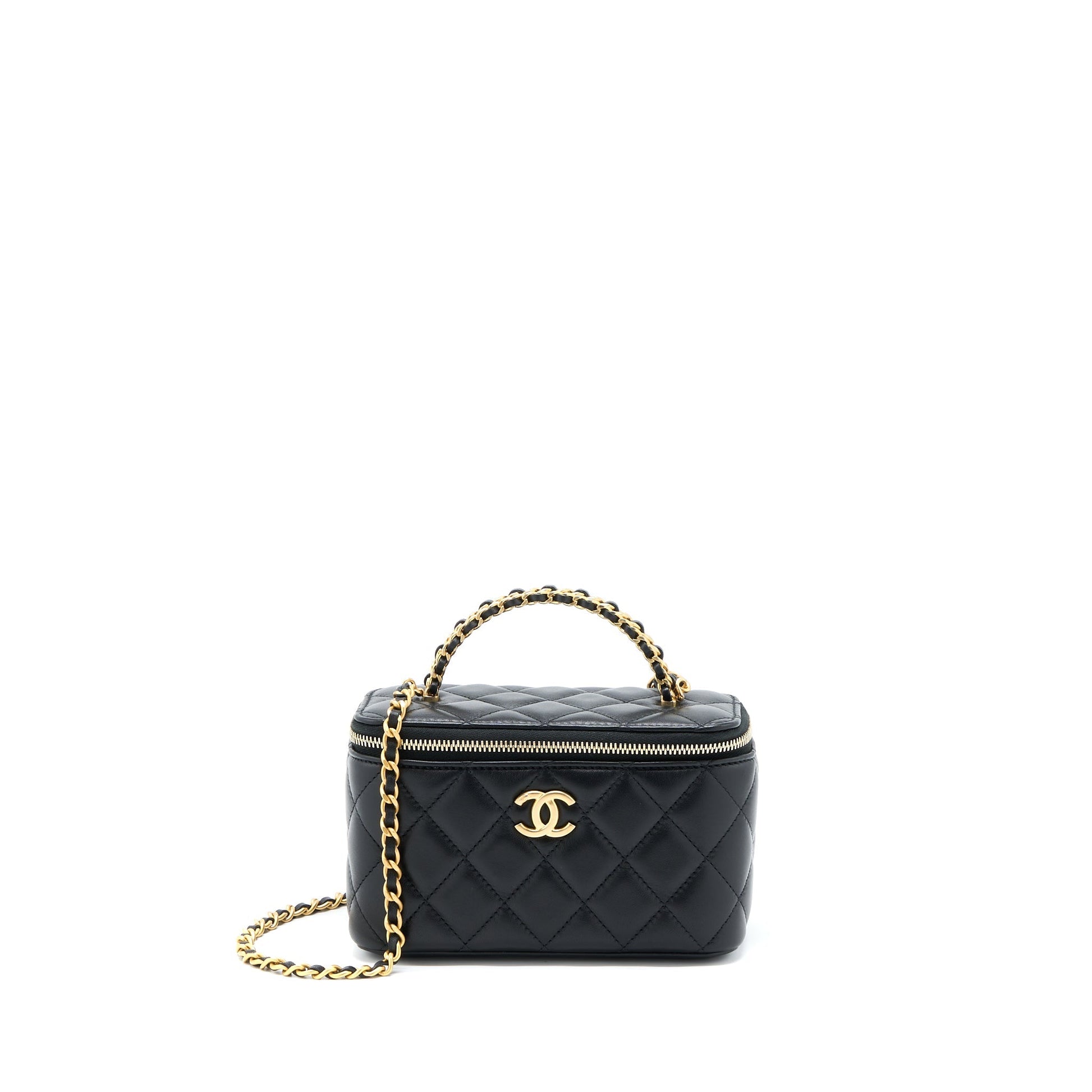 Chanel 22k Top Handle Long Vanity Lambskin Black Leather Handbag