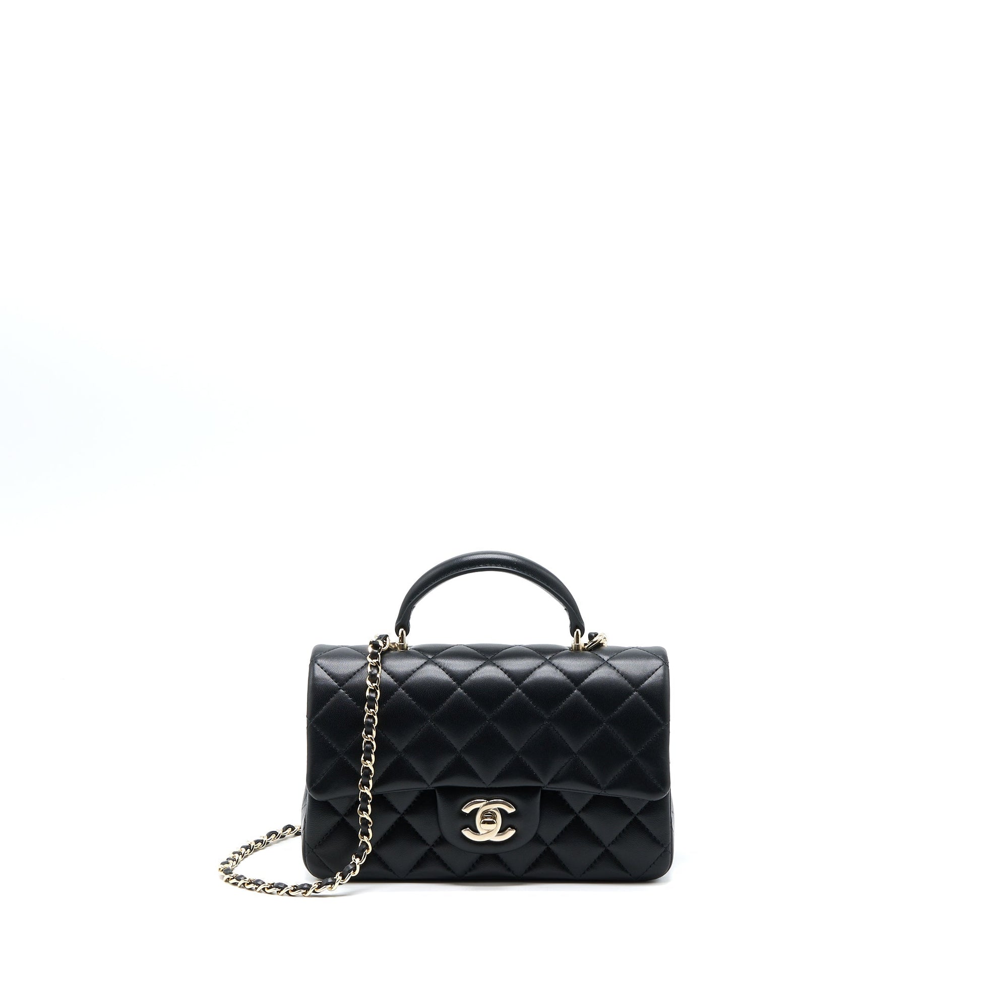 Chanel Top Handle Rectangular Lambskin LGHW Microchip Black Mini Bag