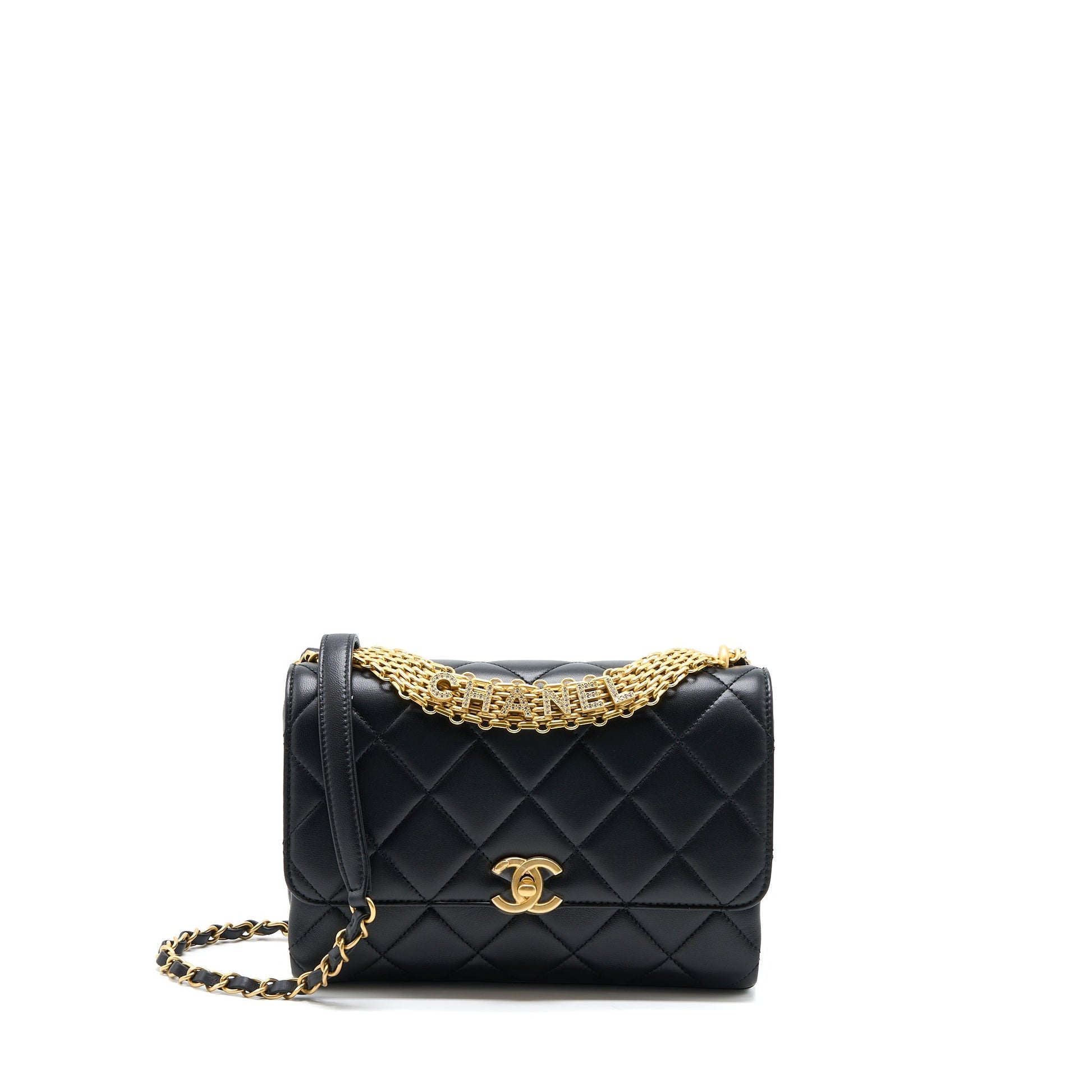 Chanel 22S Letter Crystal Handle Flap Lambskin Black Shoulder Bag