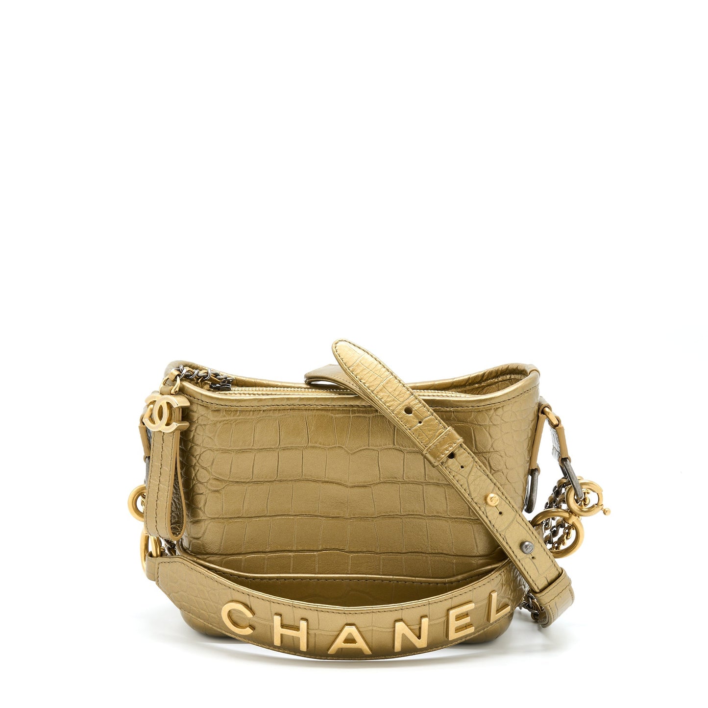 Chanel Gabrielle Hobo Crocodile Embossed Calfskin Hardware Multicolour Gold Small Shoulder Bag