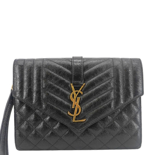 YSL Saint Laurent Yves Wristlet Clutch Leather Monogram Black Clutch Bag