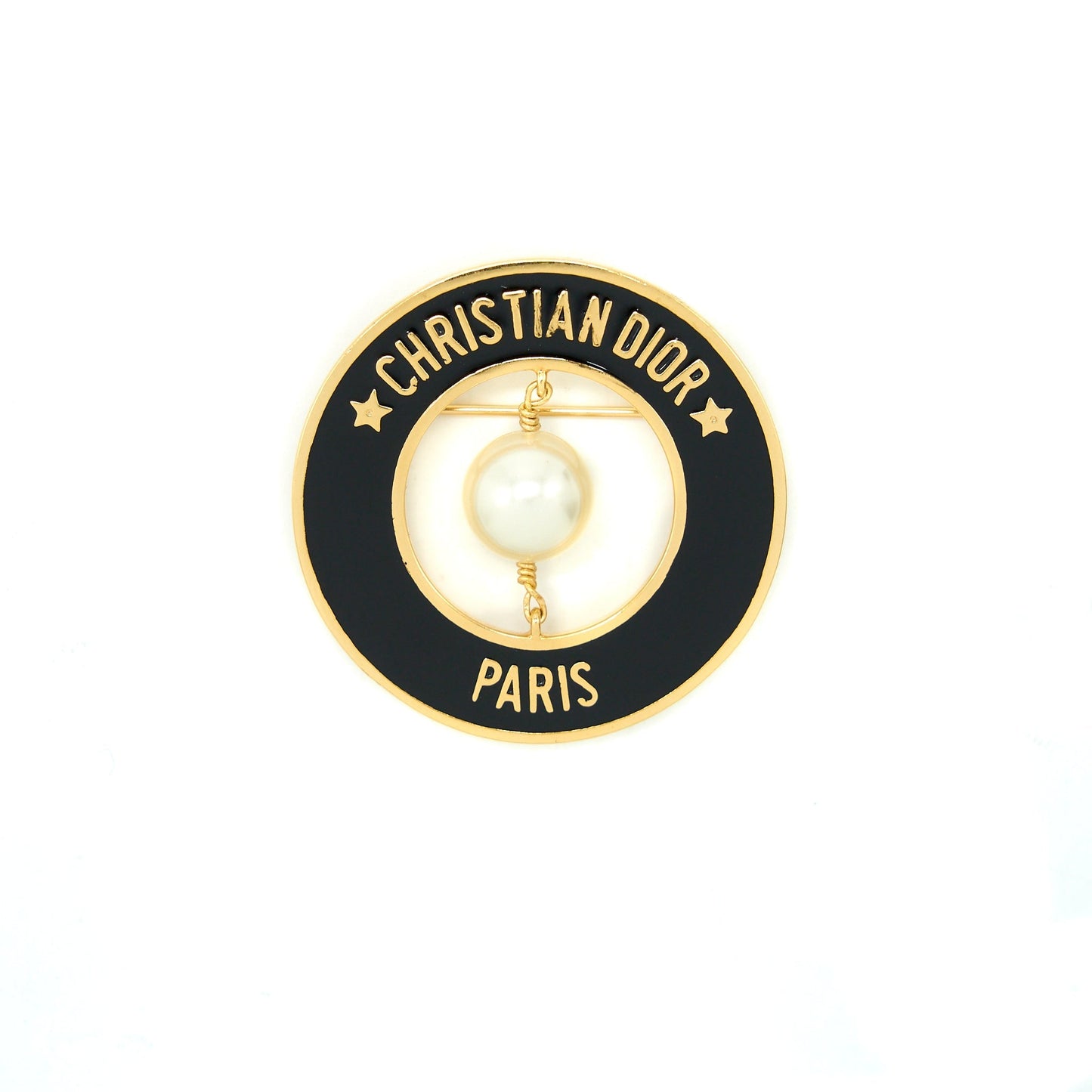 Dior Christian Round Pearl Brooch Ghw Handbag Black Travel Bag