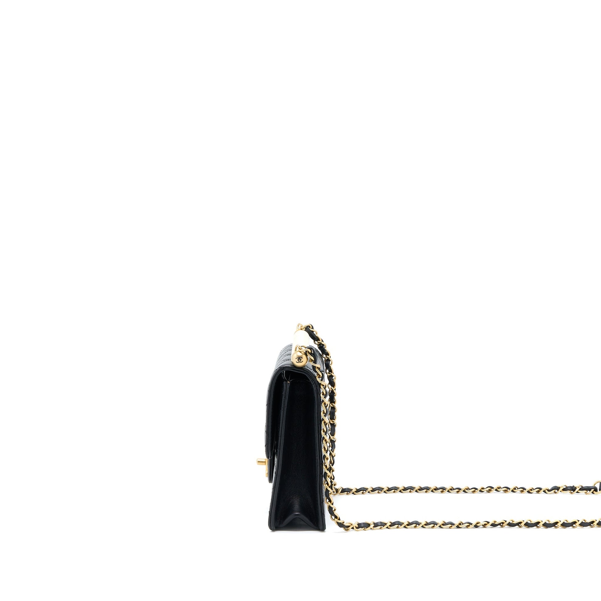 Chanel Vertical Pearl Flap Goatskin GHW Black Shoulder Bag