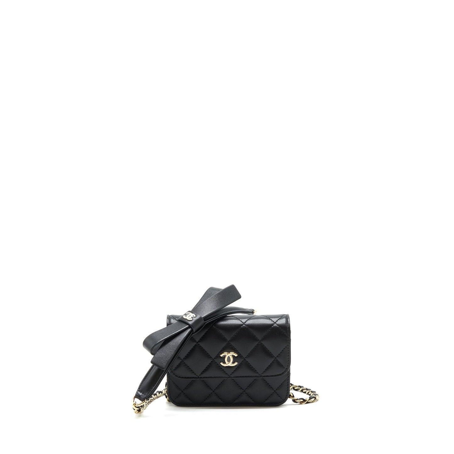 Chanel flap card holder Ribbon Lambskin LGHW Black Wallet Case