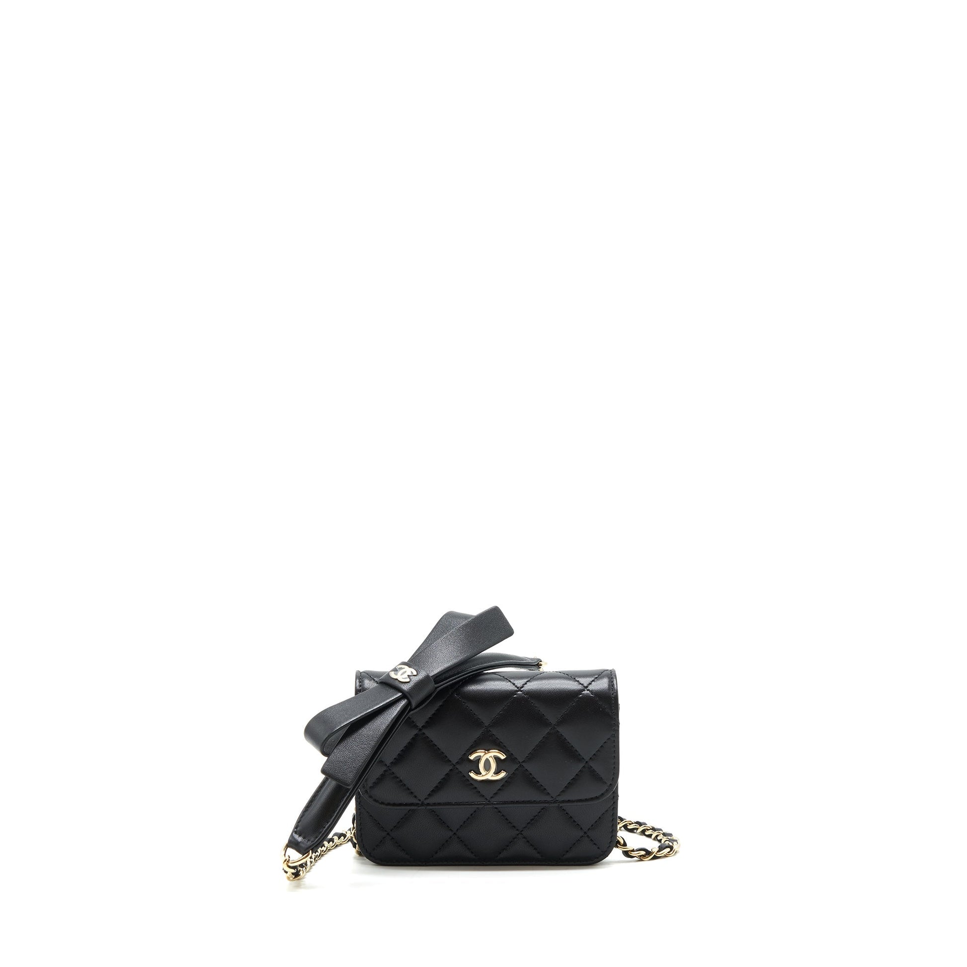 Chanel flap card holder Ribbon Lambskin LGHW Black Wallet Case