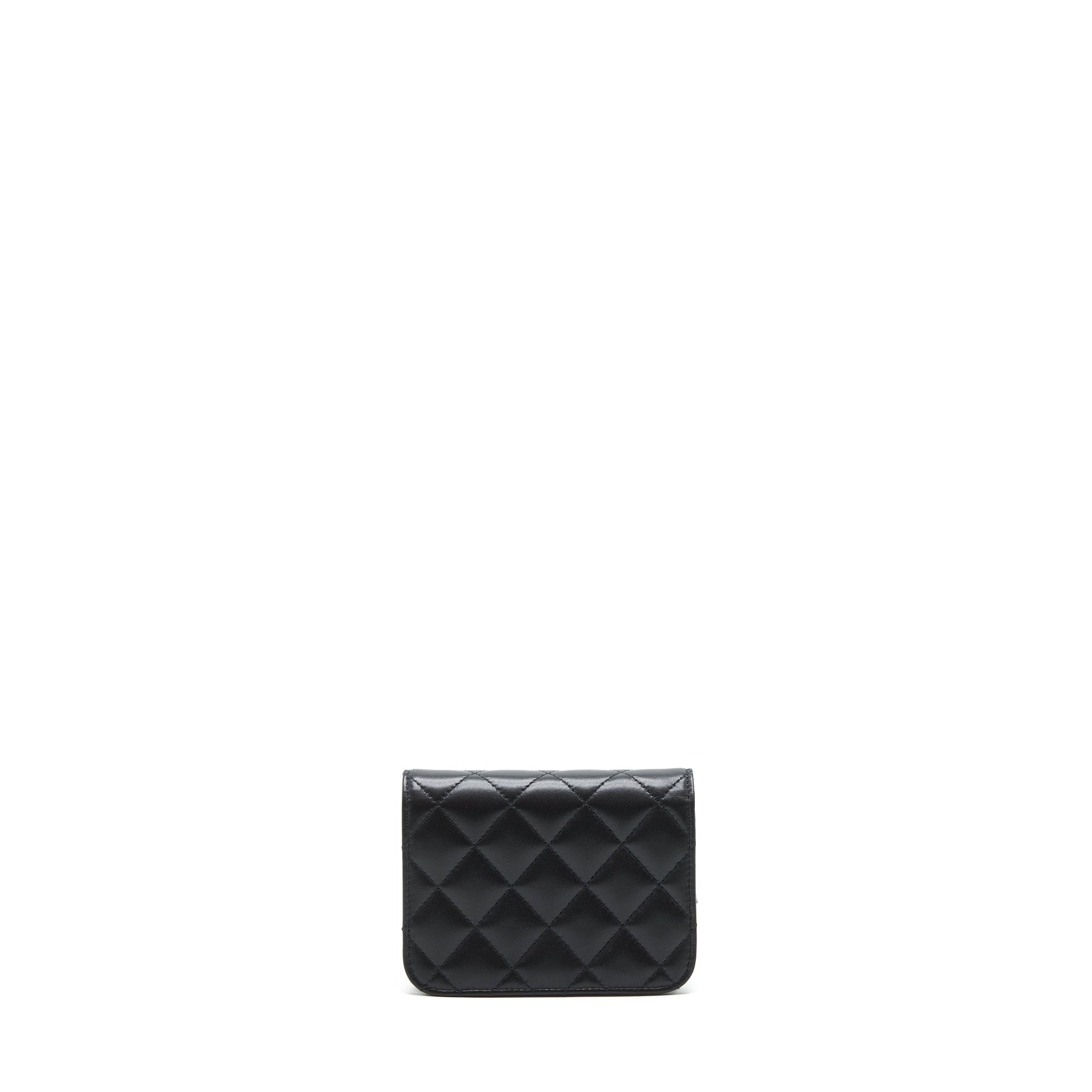 Chanel flap card holder Ribbon Lambskin LGHW Black Wallet Case