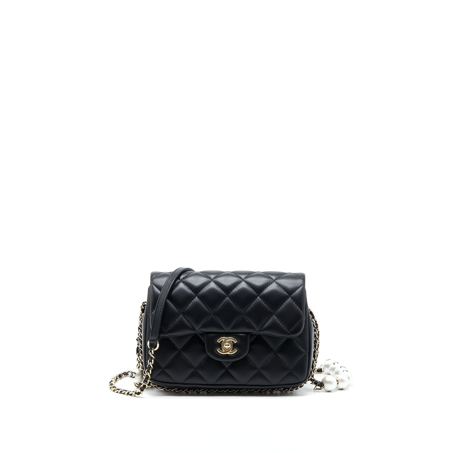 Chanel Pearl Logo Flap Lambskin LGHW Black Small Shoulder Bag