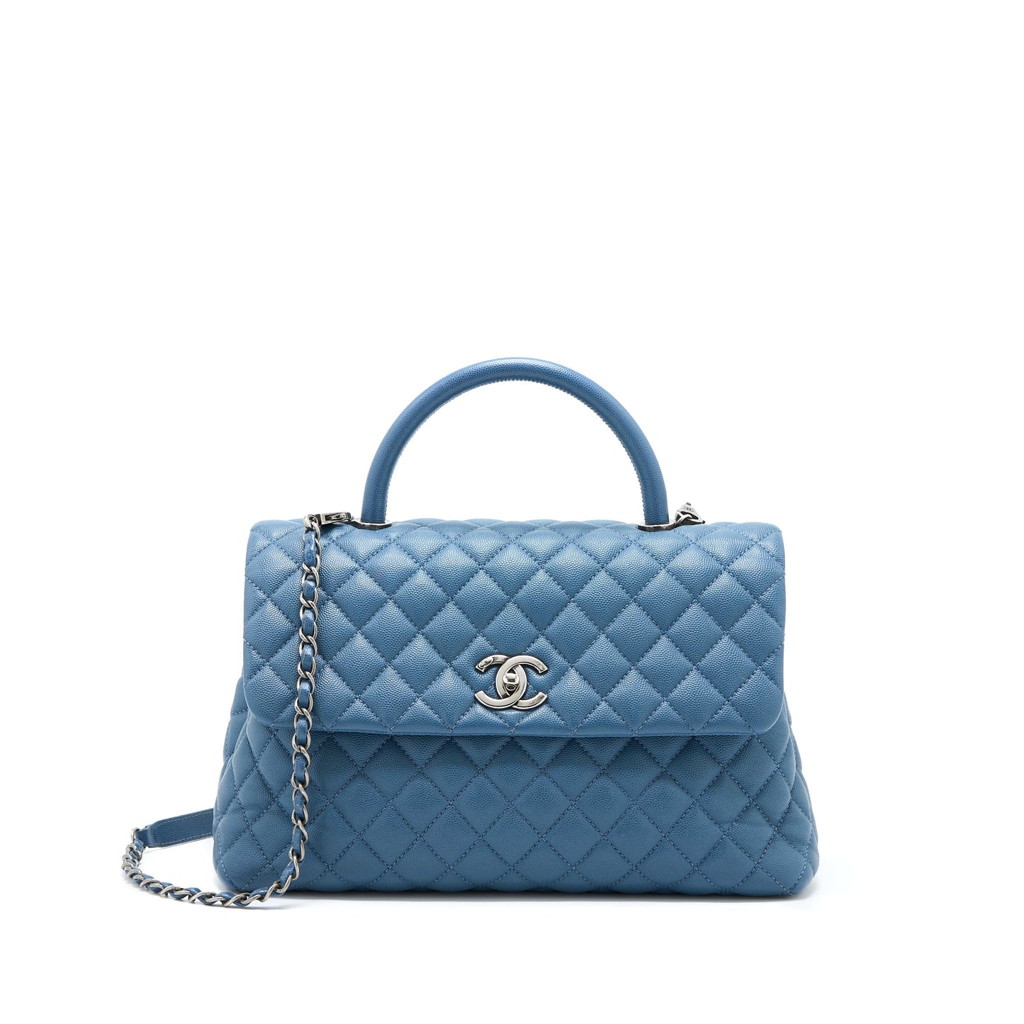 Chanel Coco Top Handle Flap Caviar Ruthenium Blue Shoulder Bag