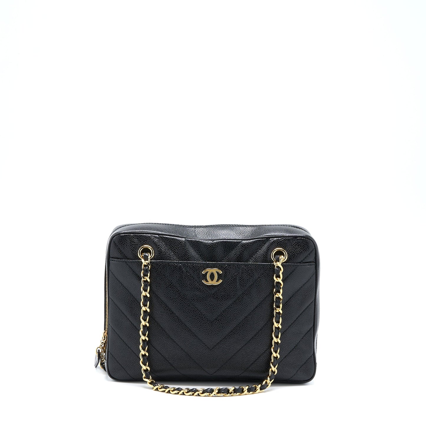 Chanel Camera Chevron Caviar GHW Black Tote Bag