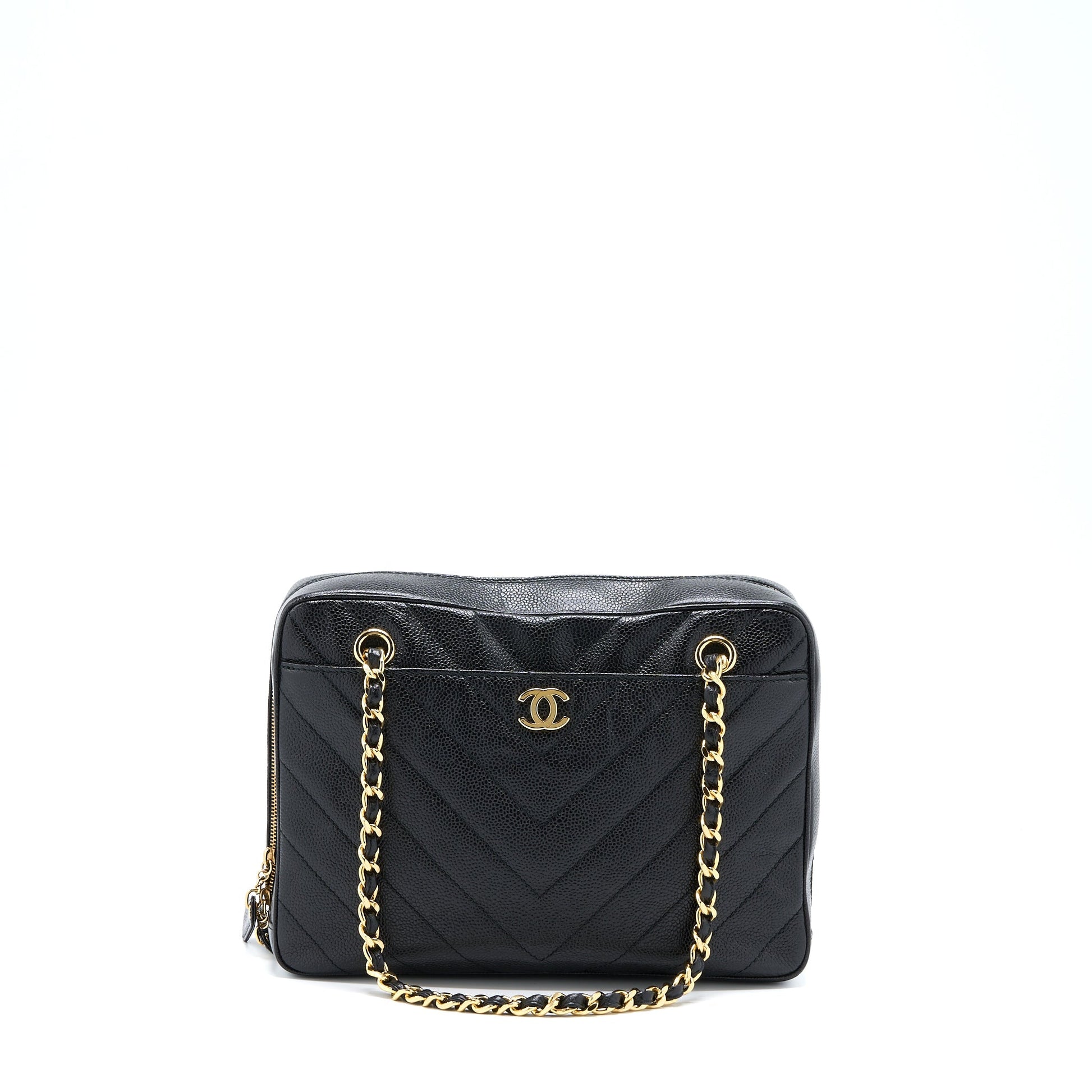 Chanel Camera Chevron Caviar GHW Black Tote Bag