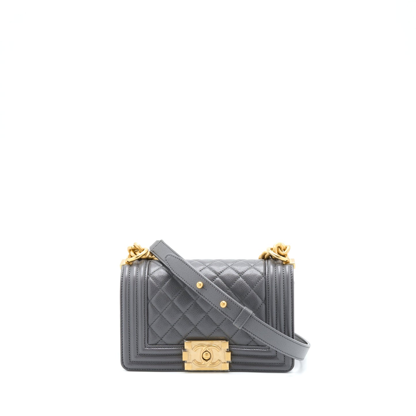 Chanel Boy Caviar GHW Microchip Grey Small Handbag