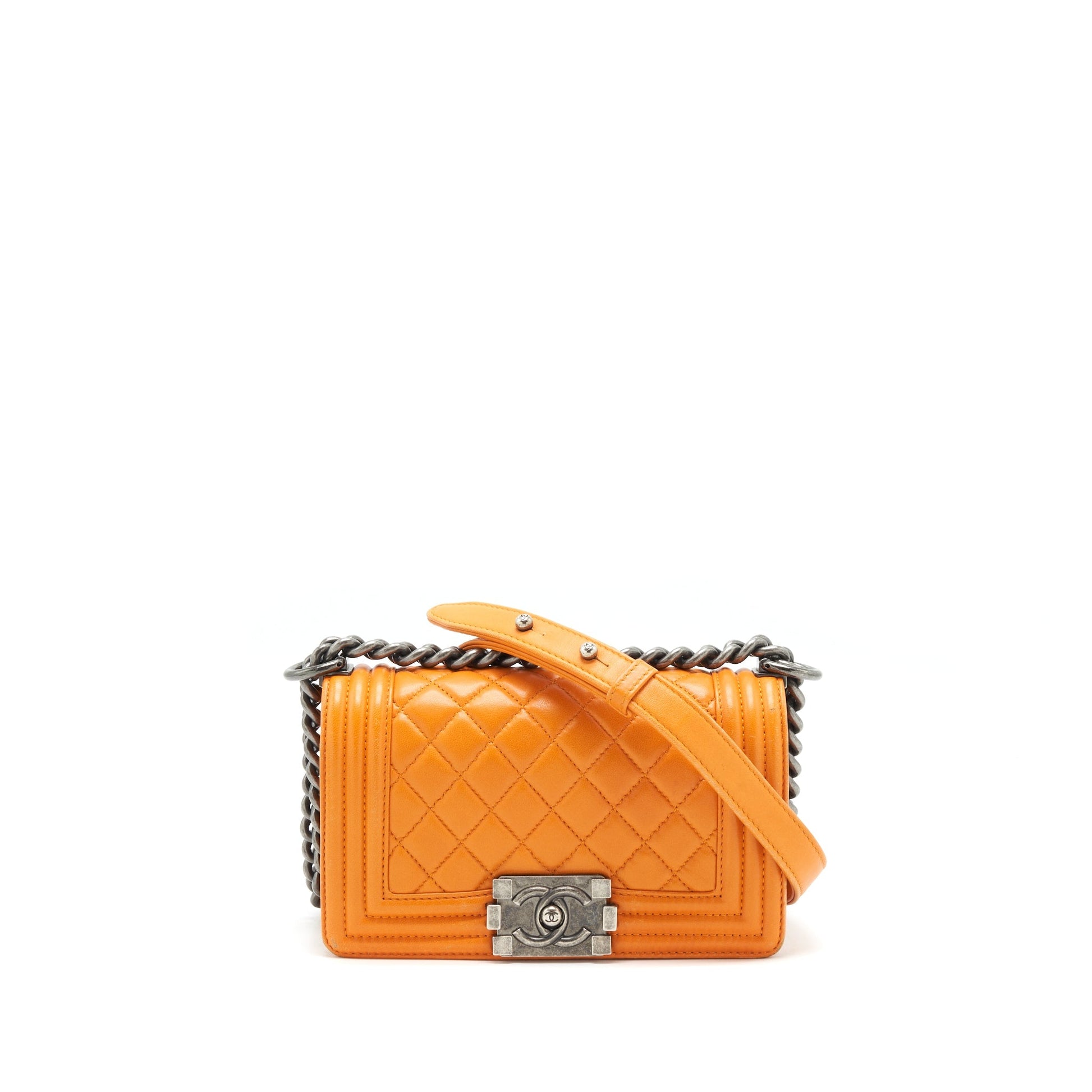 Chanel Boy Lambskin Ruthenium Hardware Orange Small Handbag