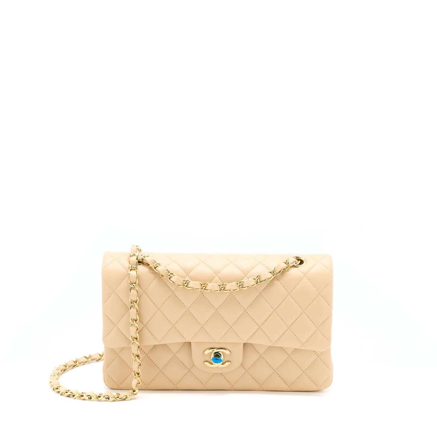 Chanel Classic Flap Lambskin LGHW Microchip Beige Shoulder Bag