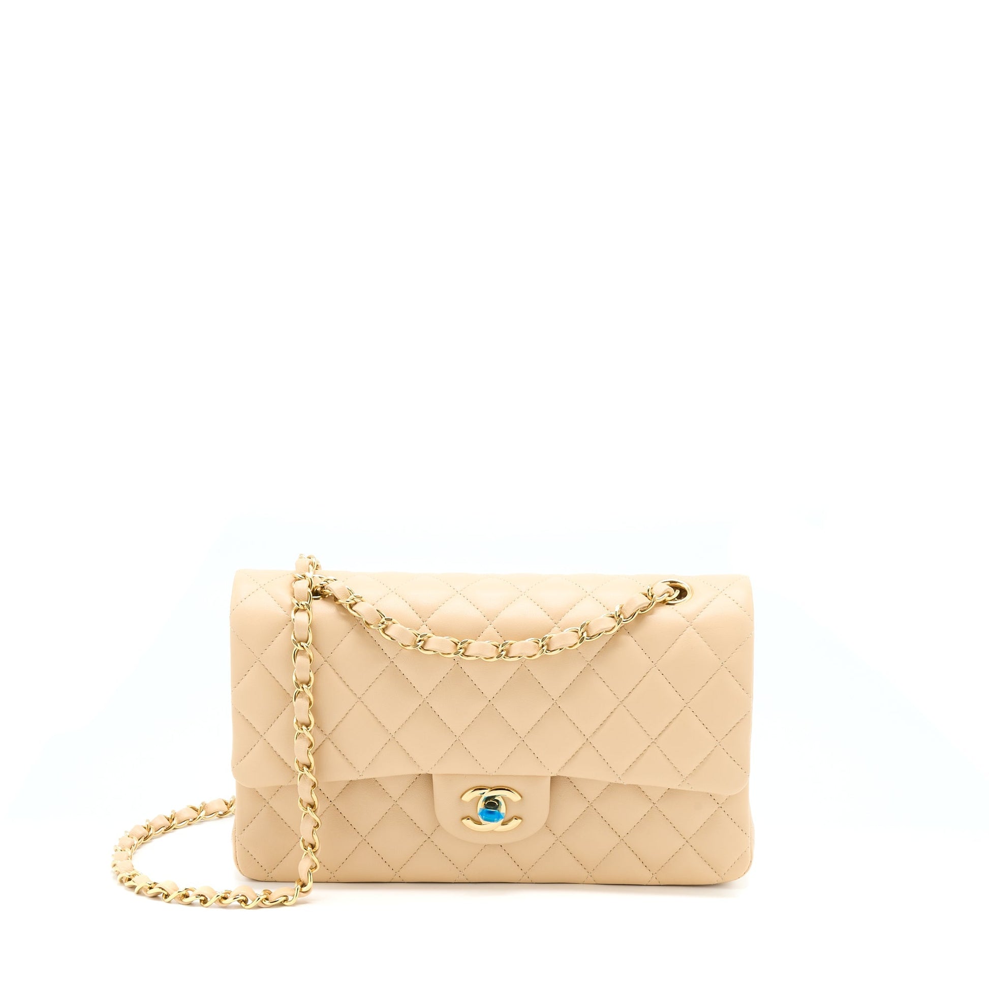 Chanel Classic Flap Lambskin LGHW Microchip Beige Shoulder Bag