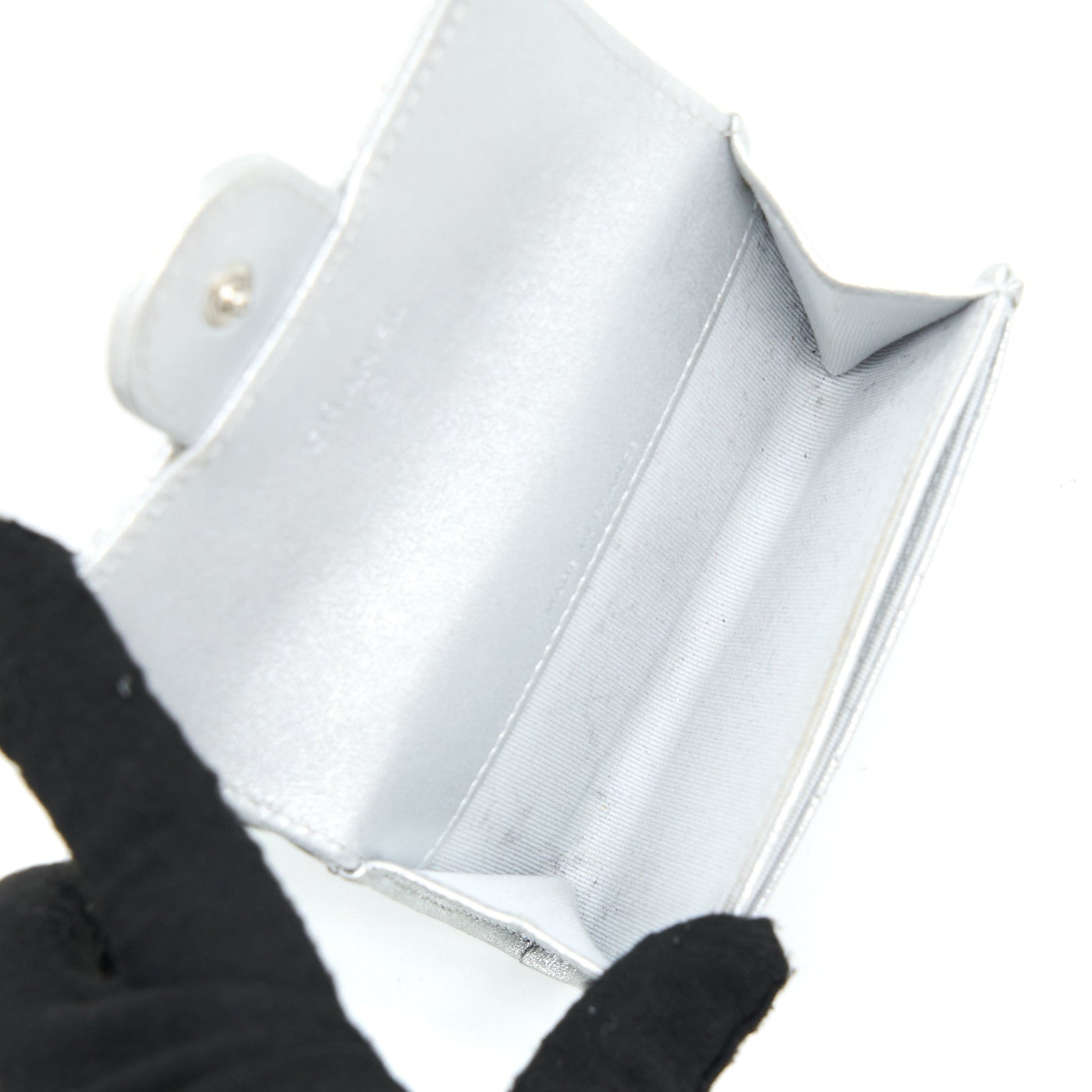 Chanel Quilted Classic Flap Card Holder Lambskin Silver Wallet Case