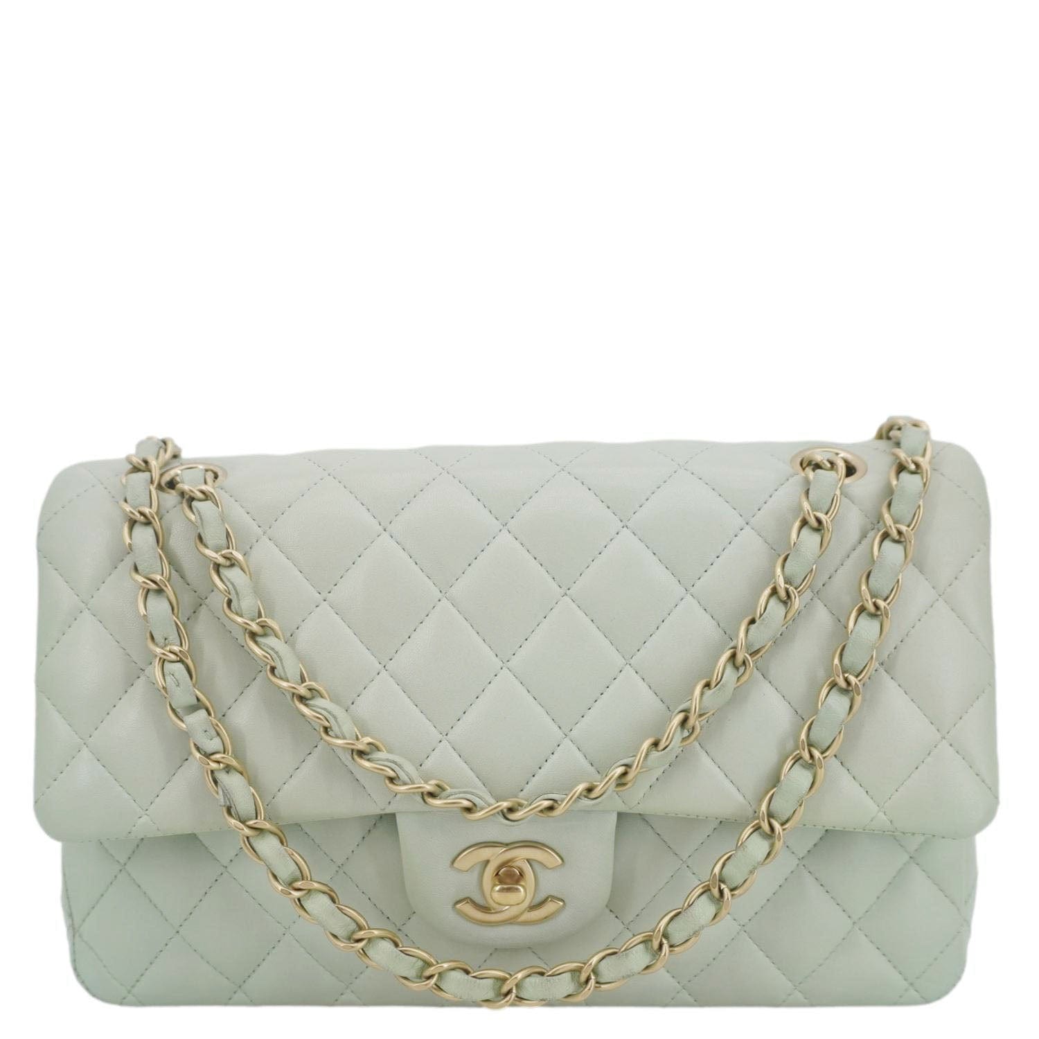 Chanel Classic Double Flap Quilted Light Leather Green Travel Bag