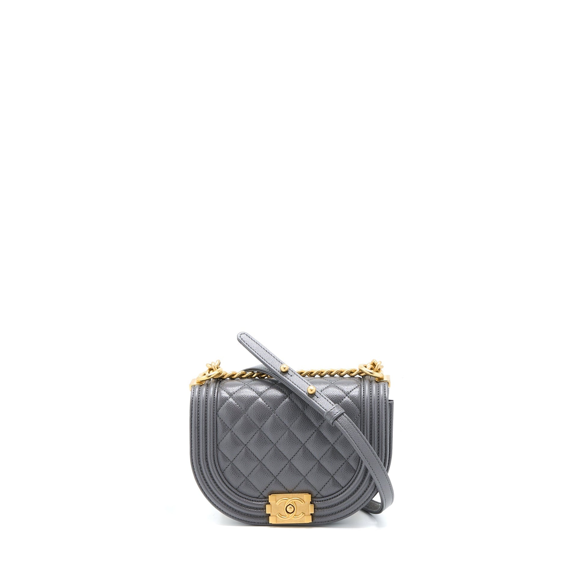 Chanel 22A Boy Messenger Caviar GHW Microchip Grey Messenger Bag