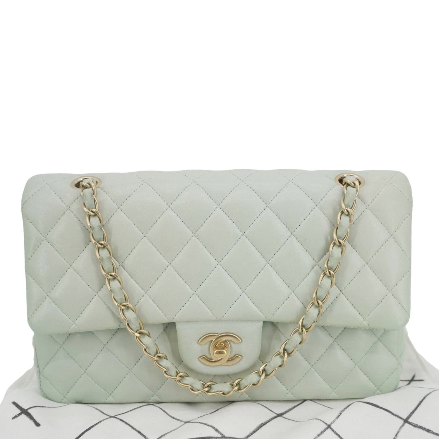 Chanel Classic Double Flap Quilted Light Leather Green Travel Bag