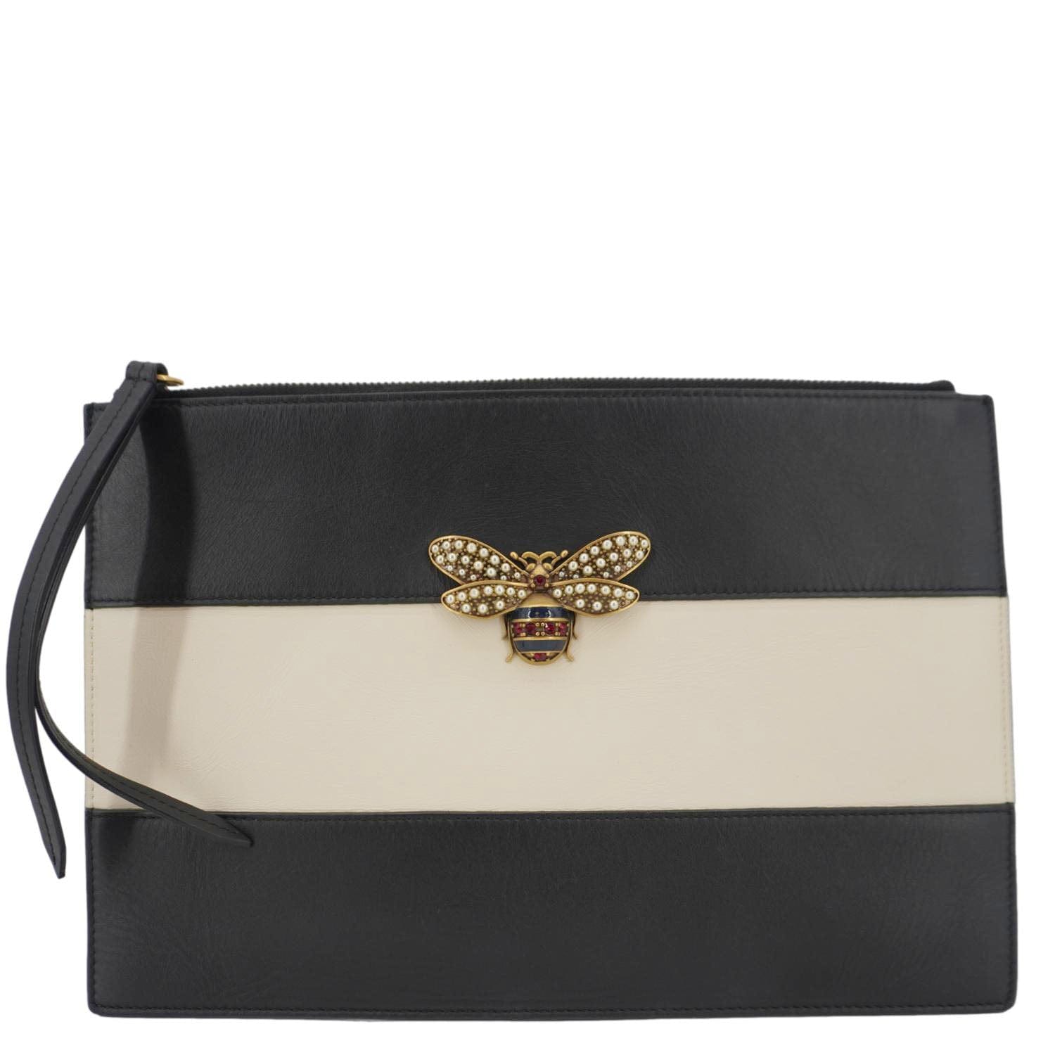 GUCCI Striped Bee Calfskin Leather Pouch Black 476077