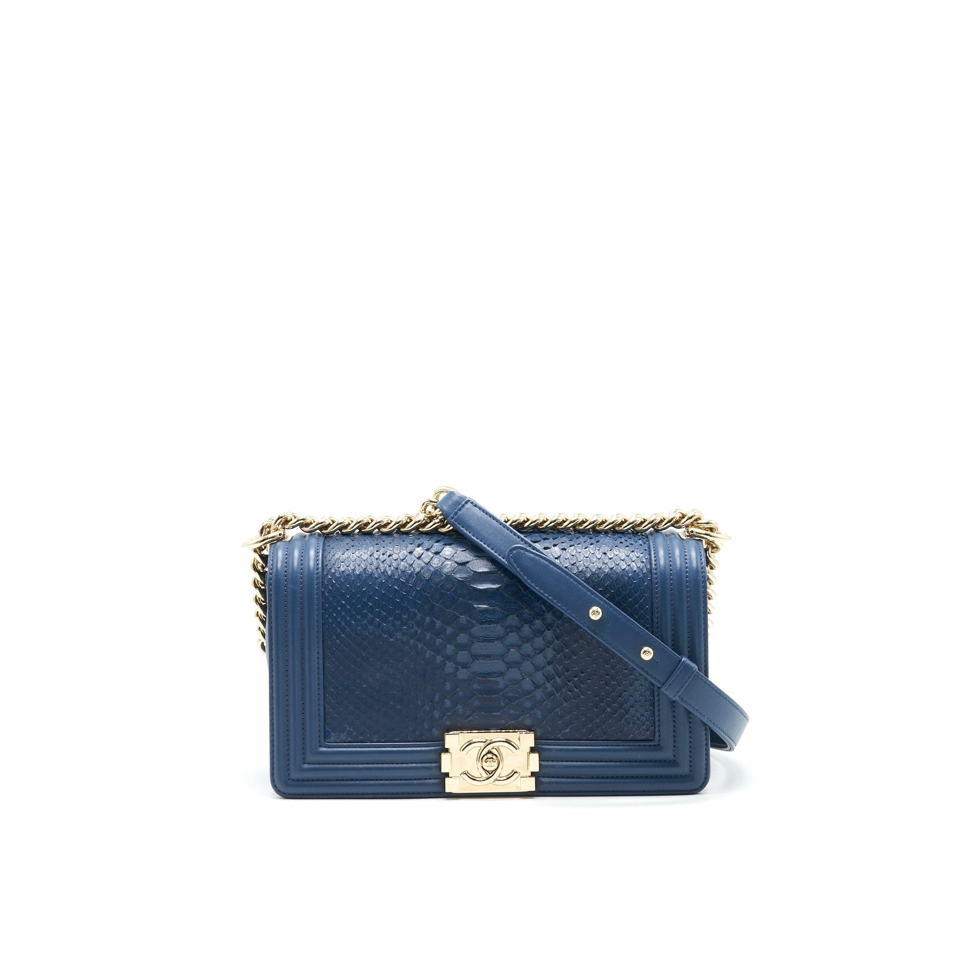 Chanel Boy flap Python LGHW Blue Leather Shoulder Bag