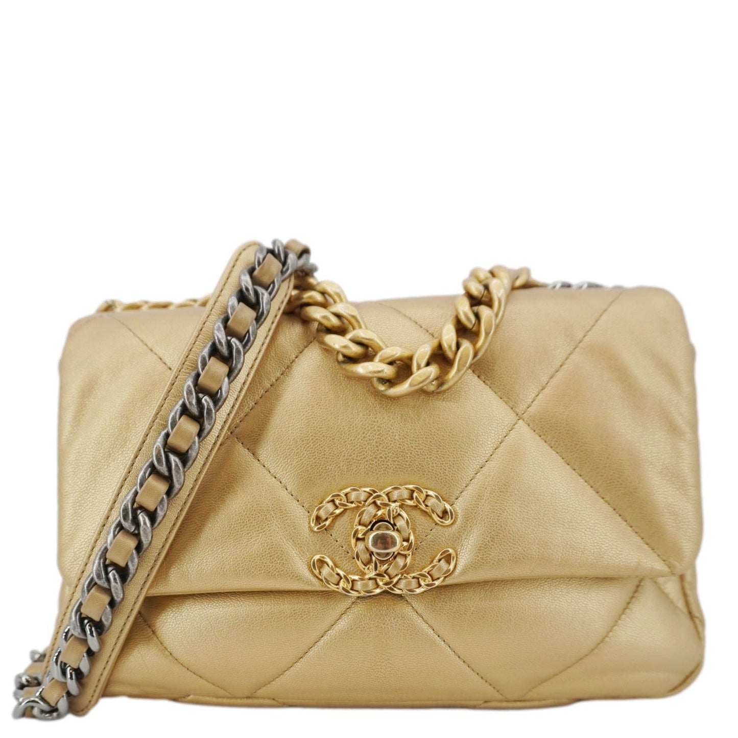 Chanel 19 Flap Quilted Leather Lambskin Gold Travel Bag