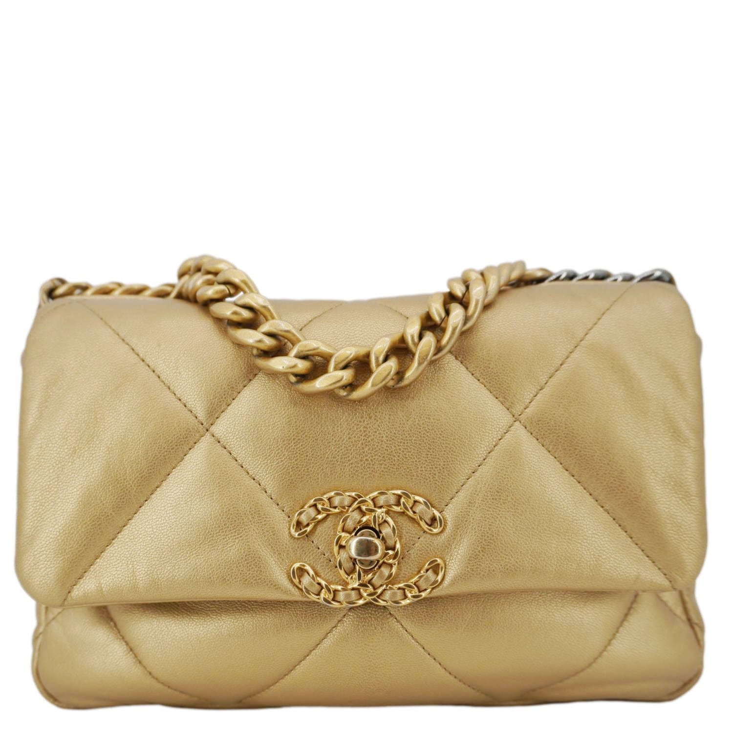 Chanel 19 Flap Quilted Leather Lambskin Gold Travel Bag