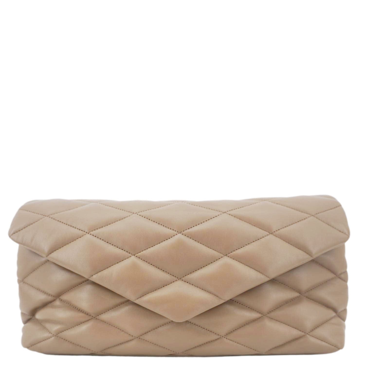 YSL Saint Laurent Yves Sade Clutch Bag Taupe Leather Quilted Large